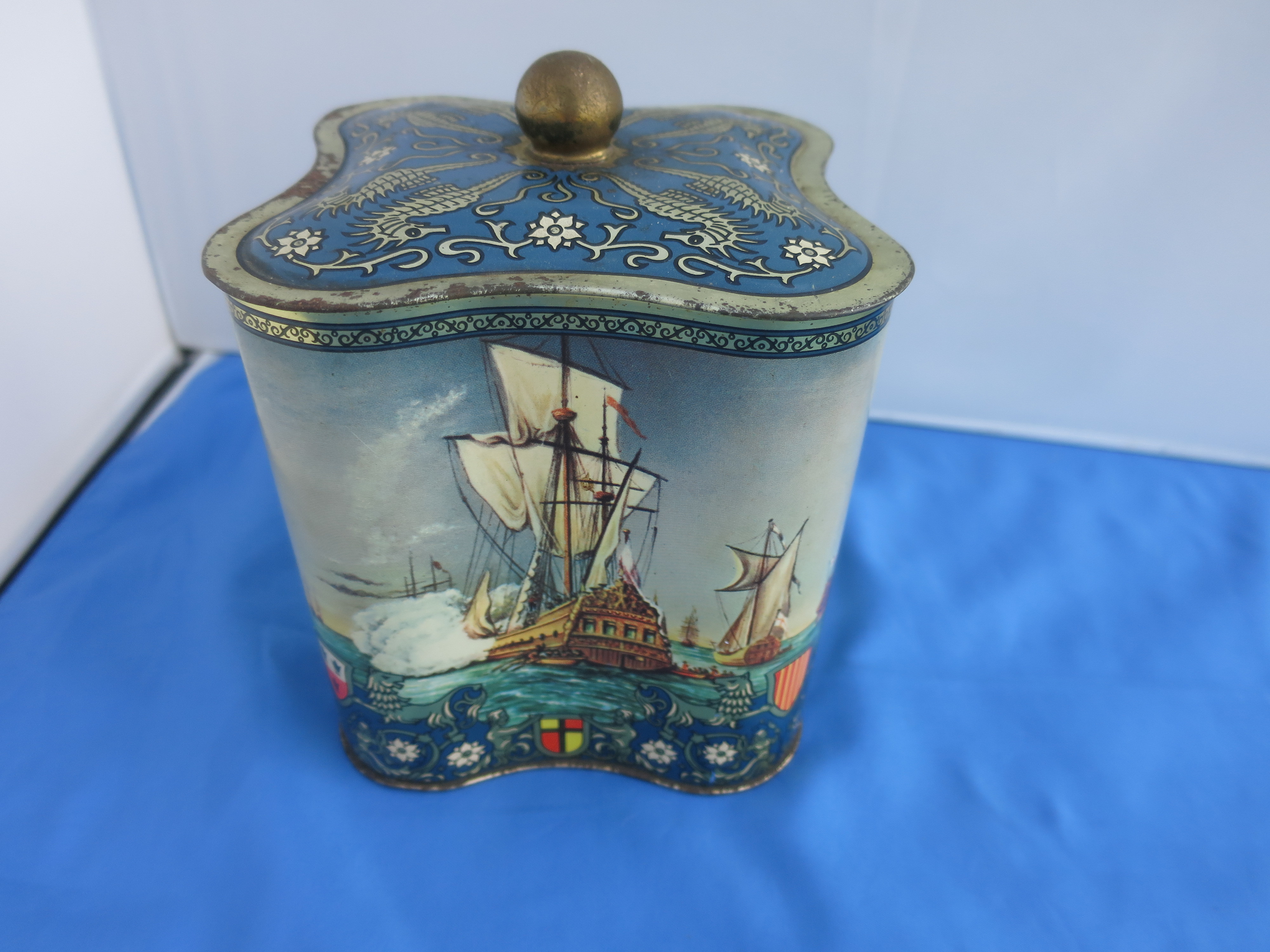 English Biscuit Tin with Sailboats