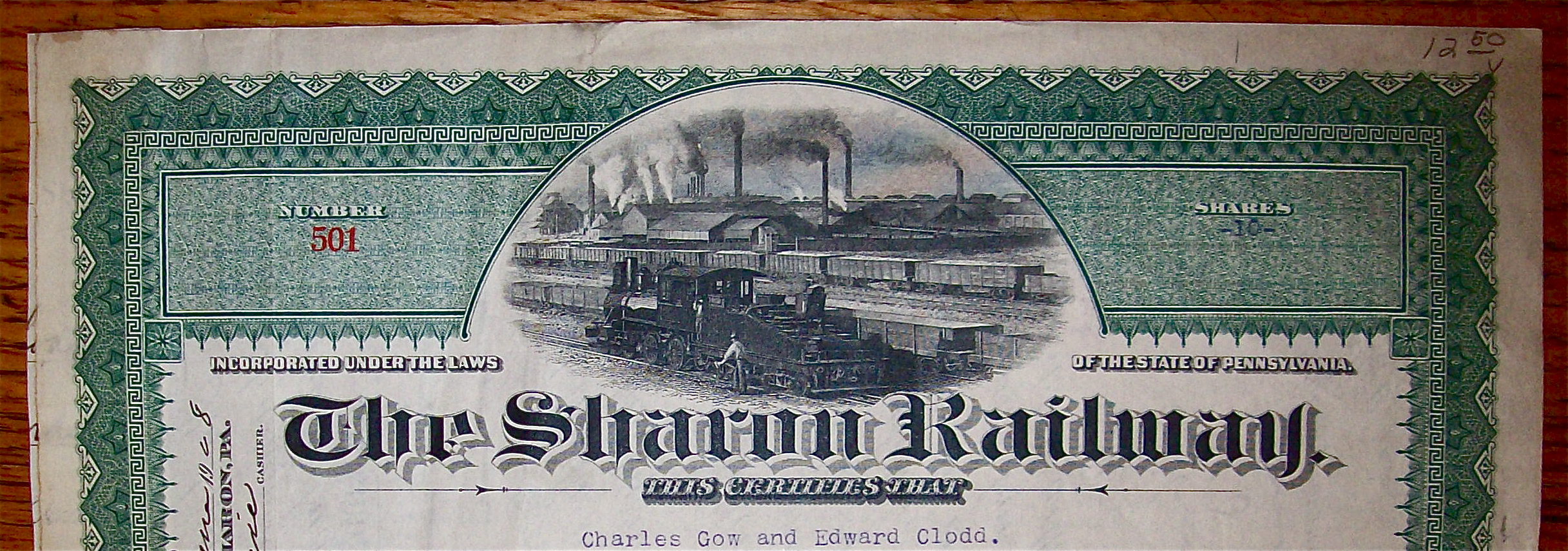 1908 Sharon Railway Stock Certificate