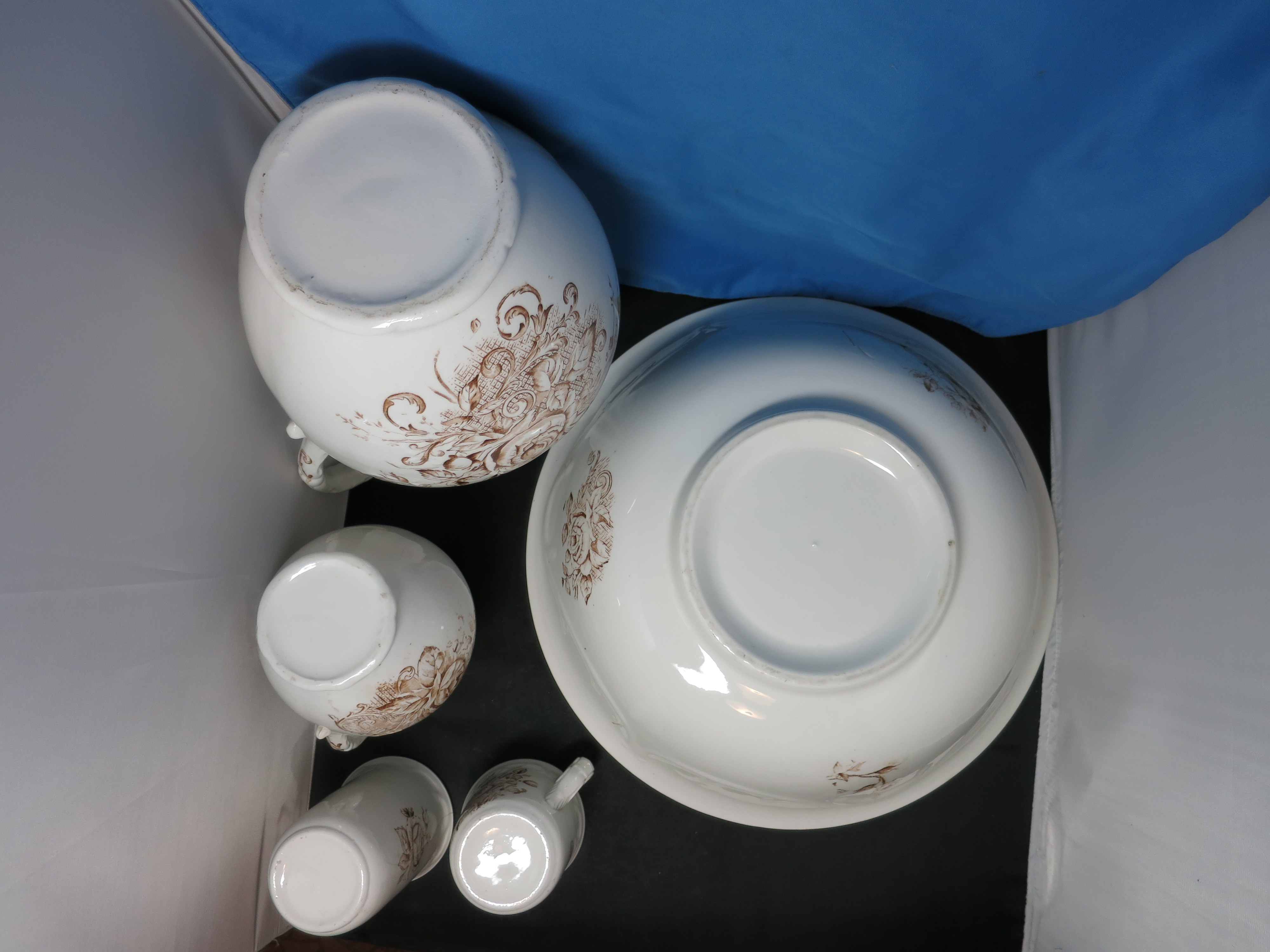 Floral Brown Transferware Ironstone Pitcher Bowl Tumbler Cup 5pc