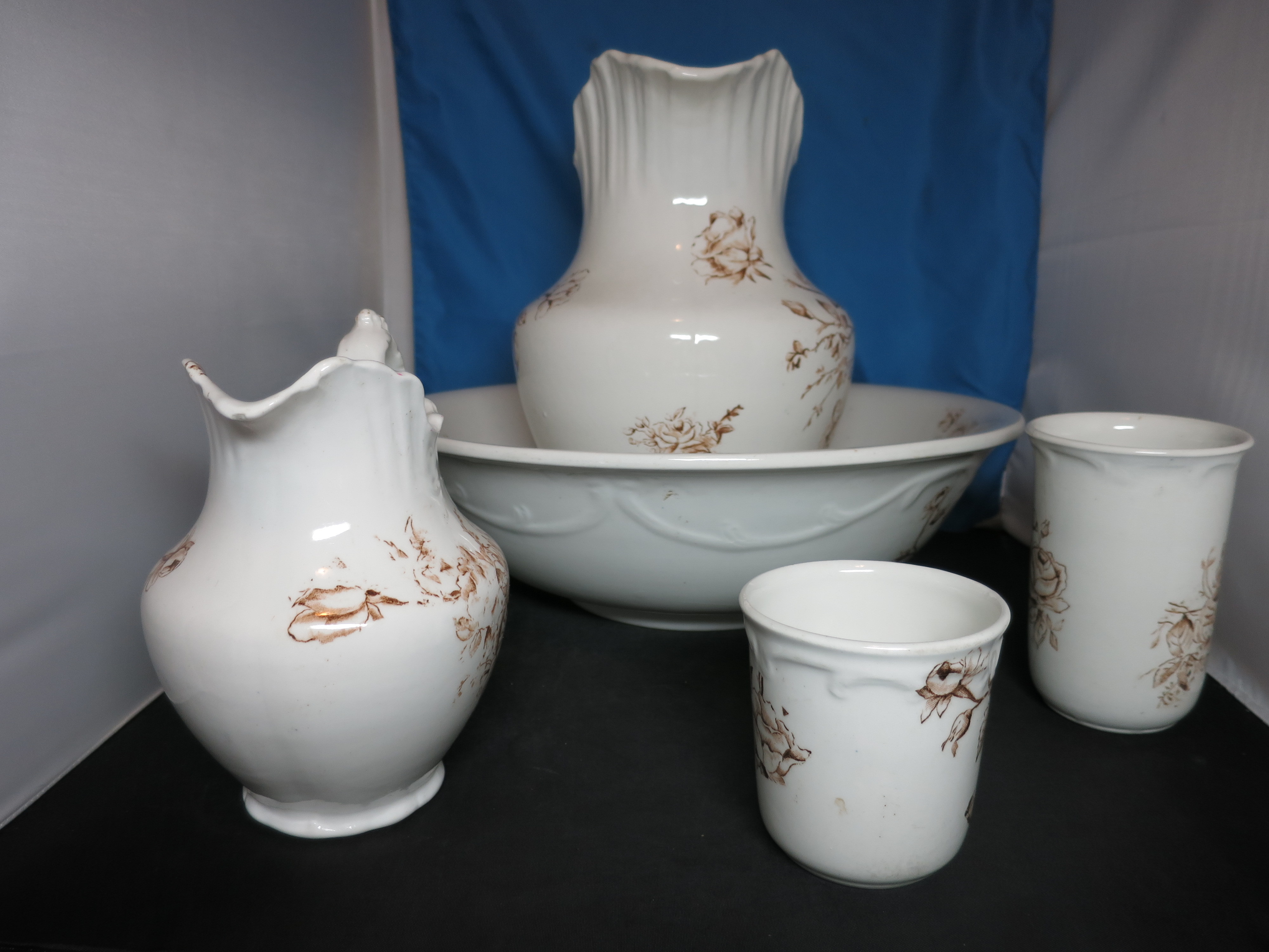 Floral Brown Transferware Ironstone Pitcher Bowl Tumbler Cup 5pc