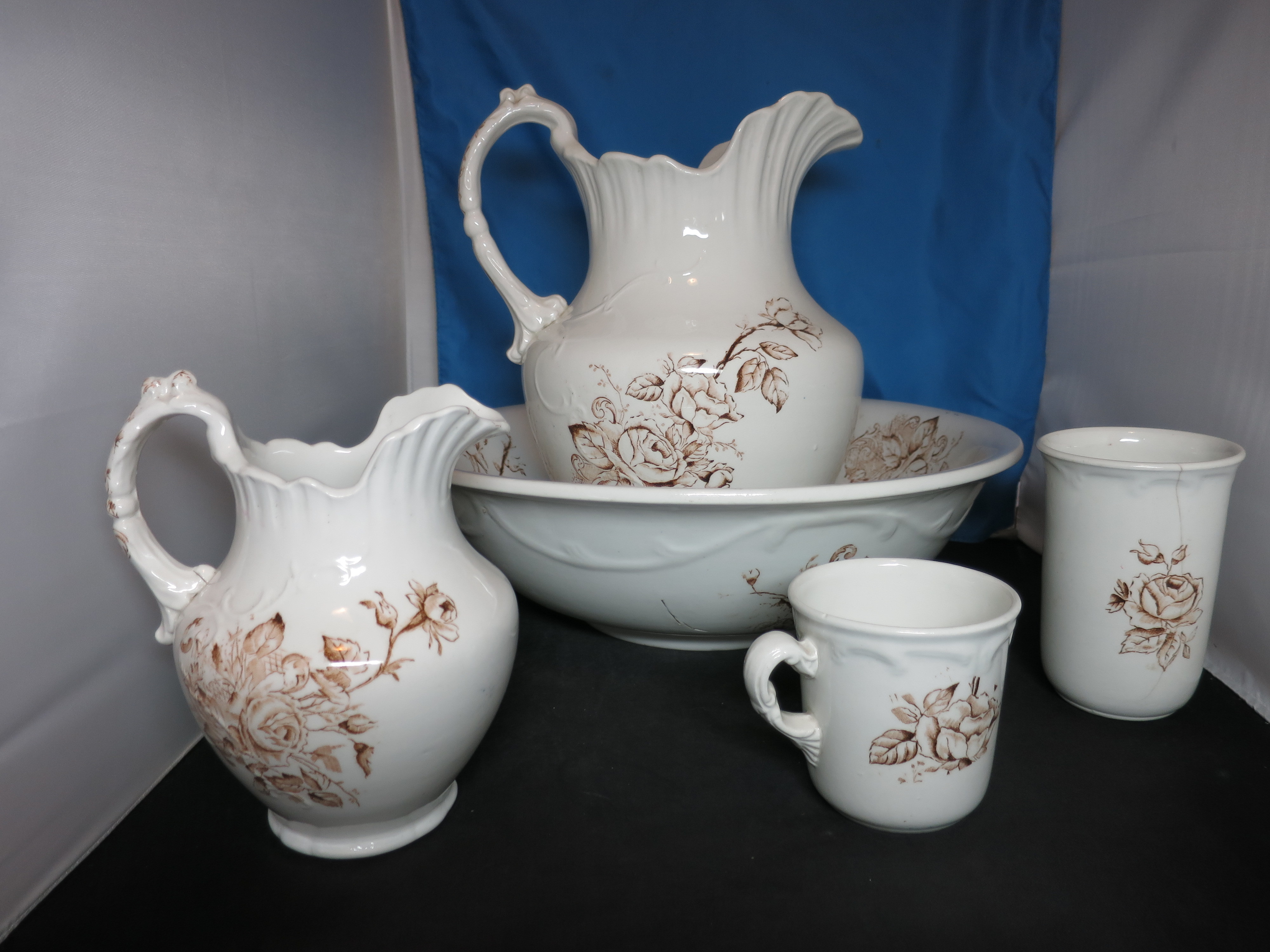 Floral Brown Transferware Ironstone Pitcher Bowl Tumbler Cup 5pc