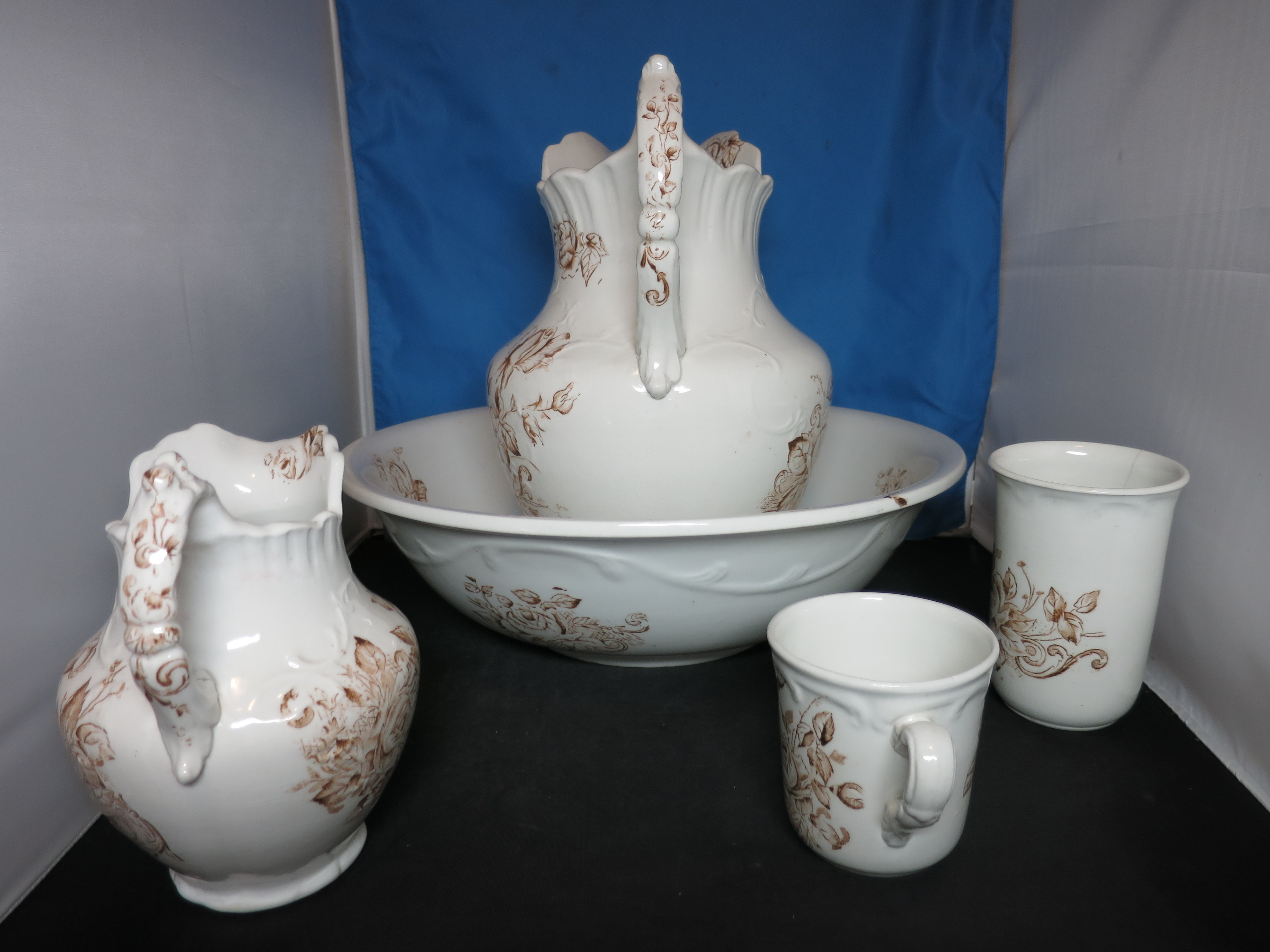 Floral Brown Transferware Ironstone Pitcher Bowl Tumbler Cup 5pc