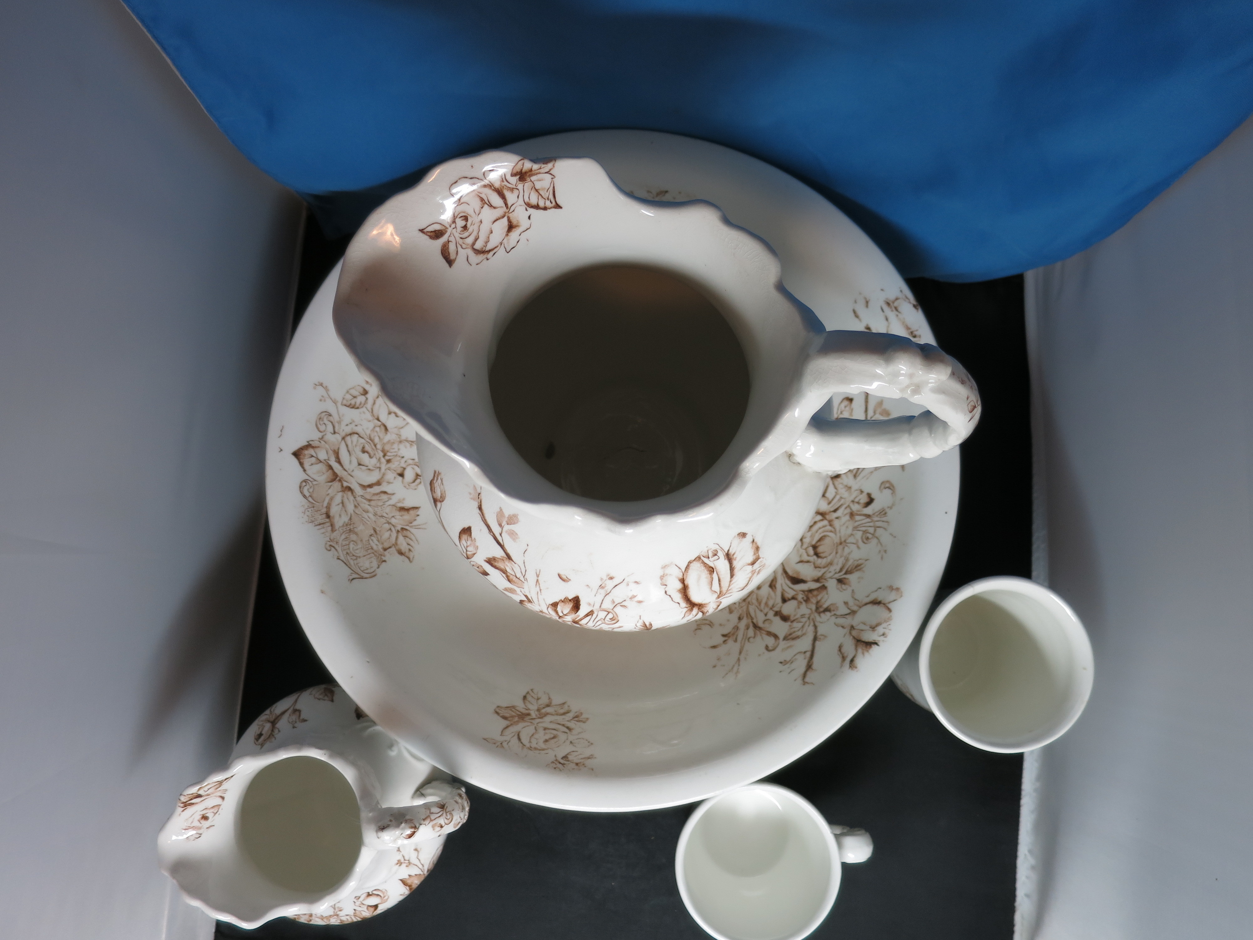 Floral Brown Transferware Ironstone Pitcher Bowl Tumbler Cup 5pc