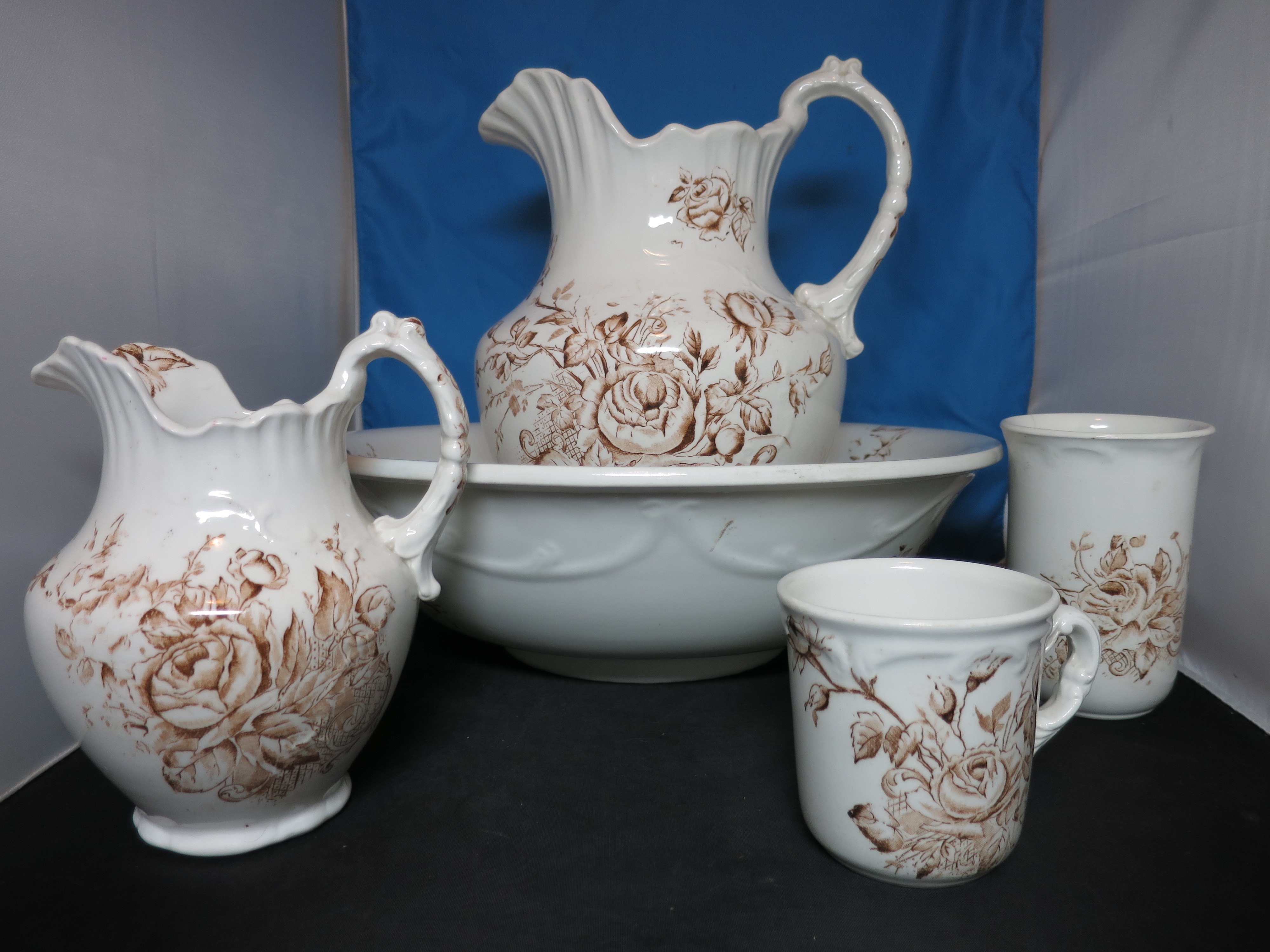 Floral Brown Transferware Ironstone Pitcher Bowl Tumbler Cup 5pc