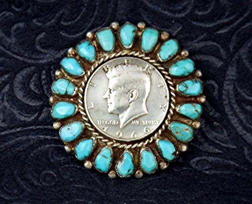 Native American Kennedy Brooch Pin 1963 Turquoise Silve