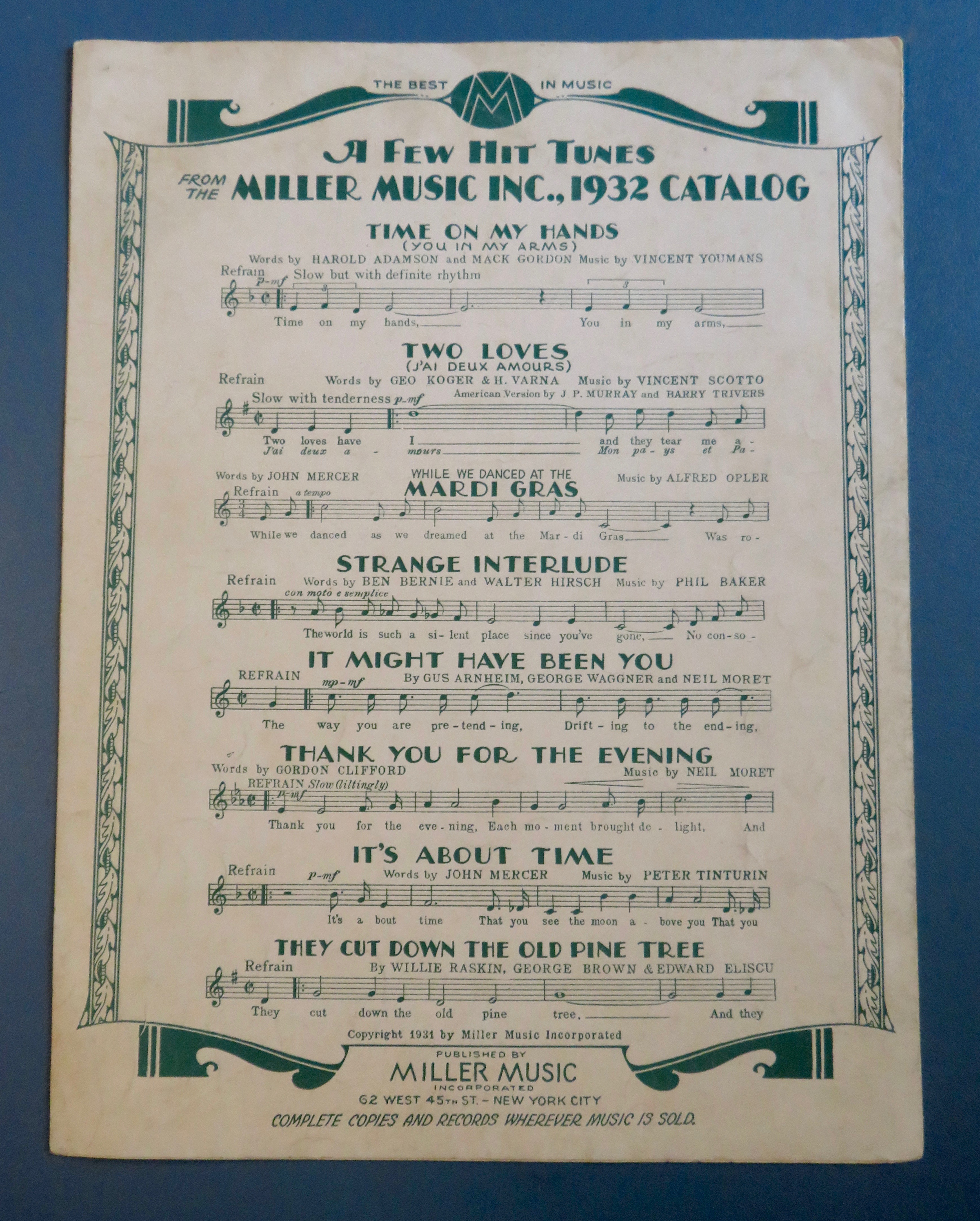 1932 Strange Interlude Sheet Music Gladys Rice Cover