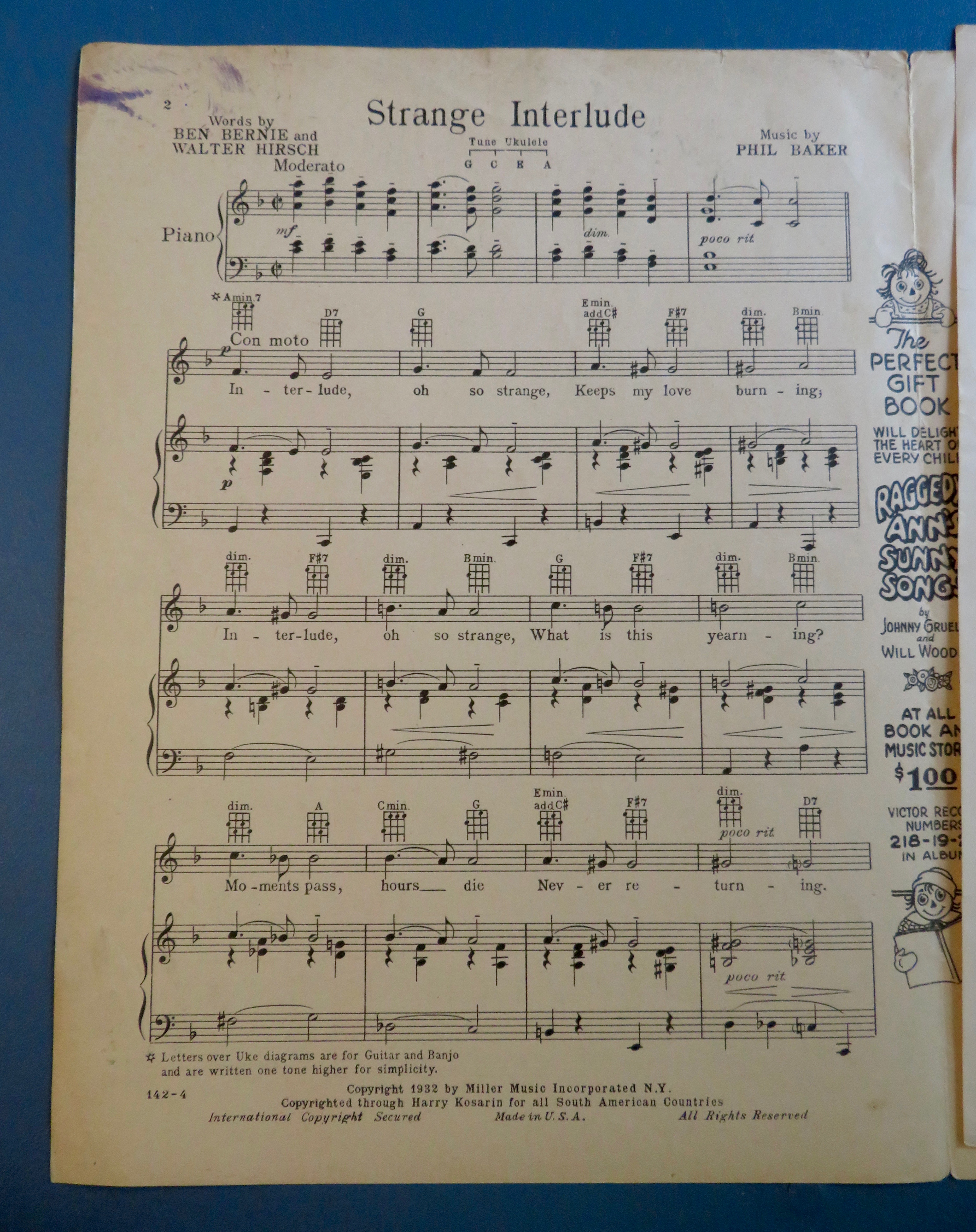 1932 Strange Interlude Sheet Music Gladys Rice Cover