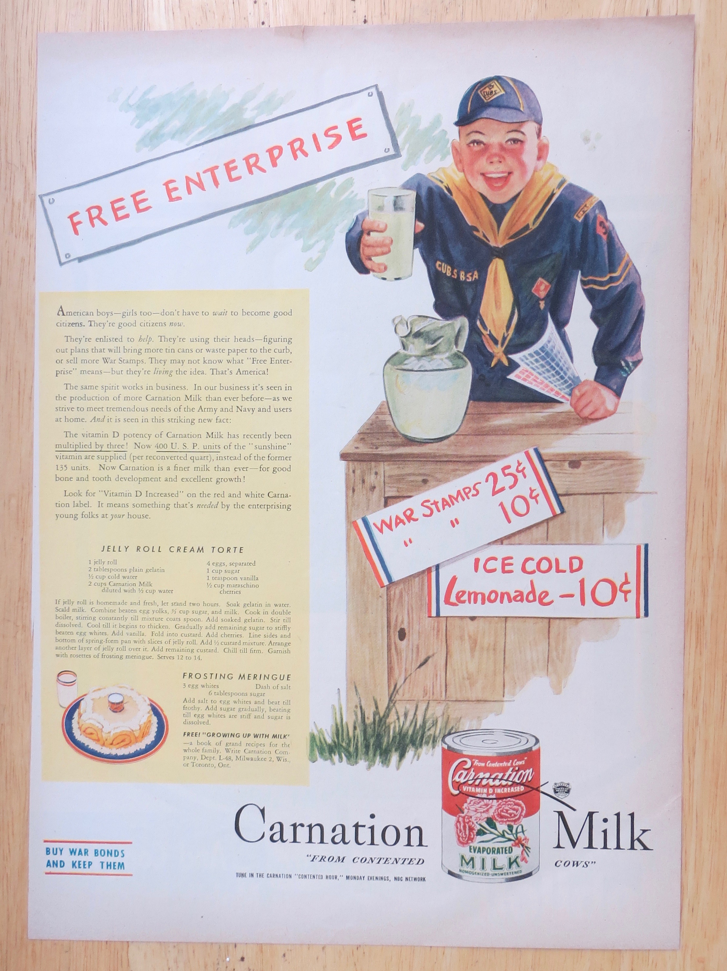 1945 Carnation Evaporated Milk with Boy Scout & Glass