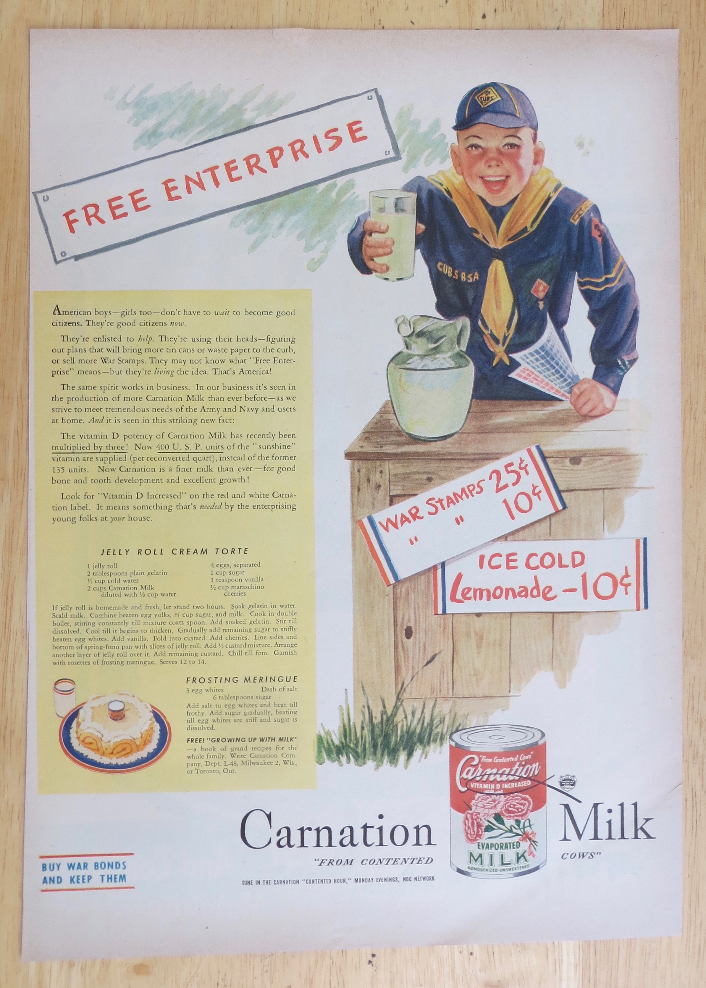 1945 Carnation Evaporated Milk with Boy Scout & Glass