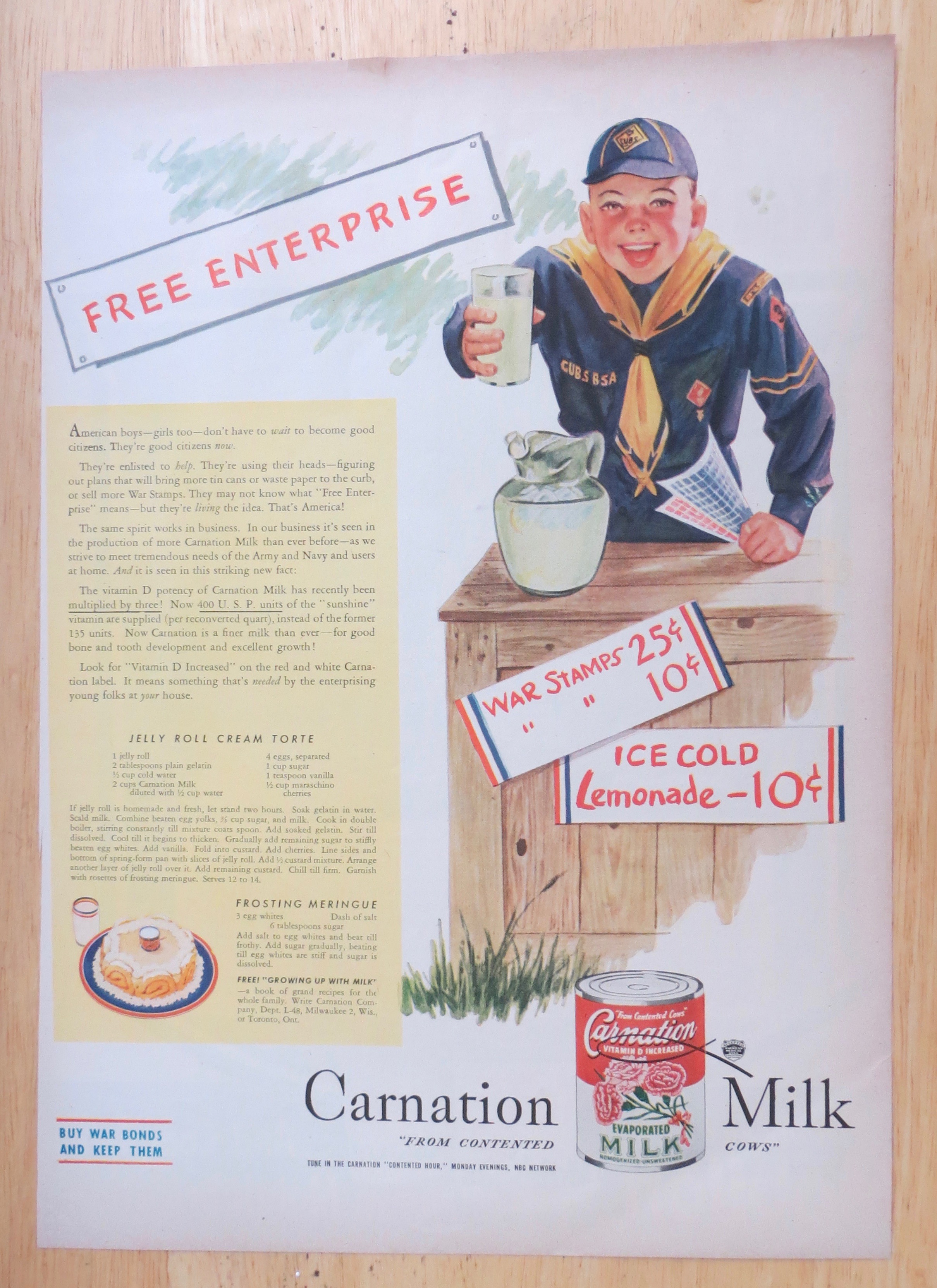 1945 Carnation Evaporated Milk with Boy Scout & Glass