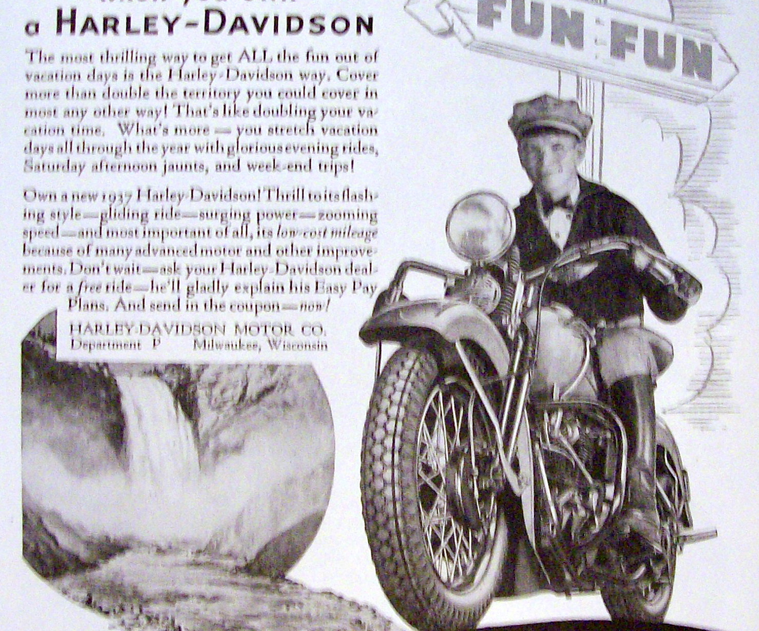 1937 Harley Davidson Motorcycle with Man On Bike