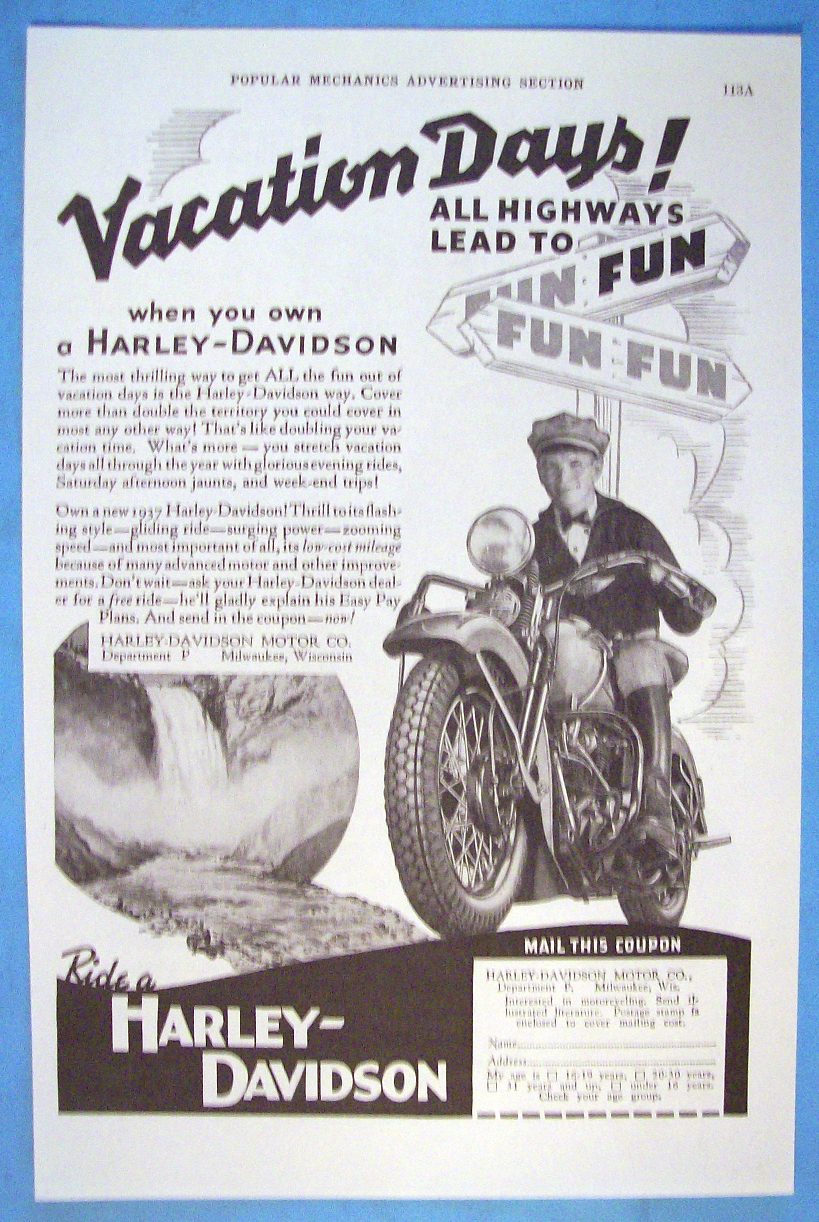 1937 Harley Davidson Motorcycle with Man On Bike