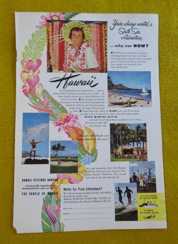 1951 Hawaii Visitors Bureau with Lovely Woman Wearing A Lei with A Straw Hat