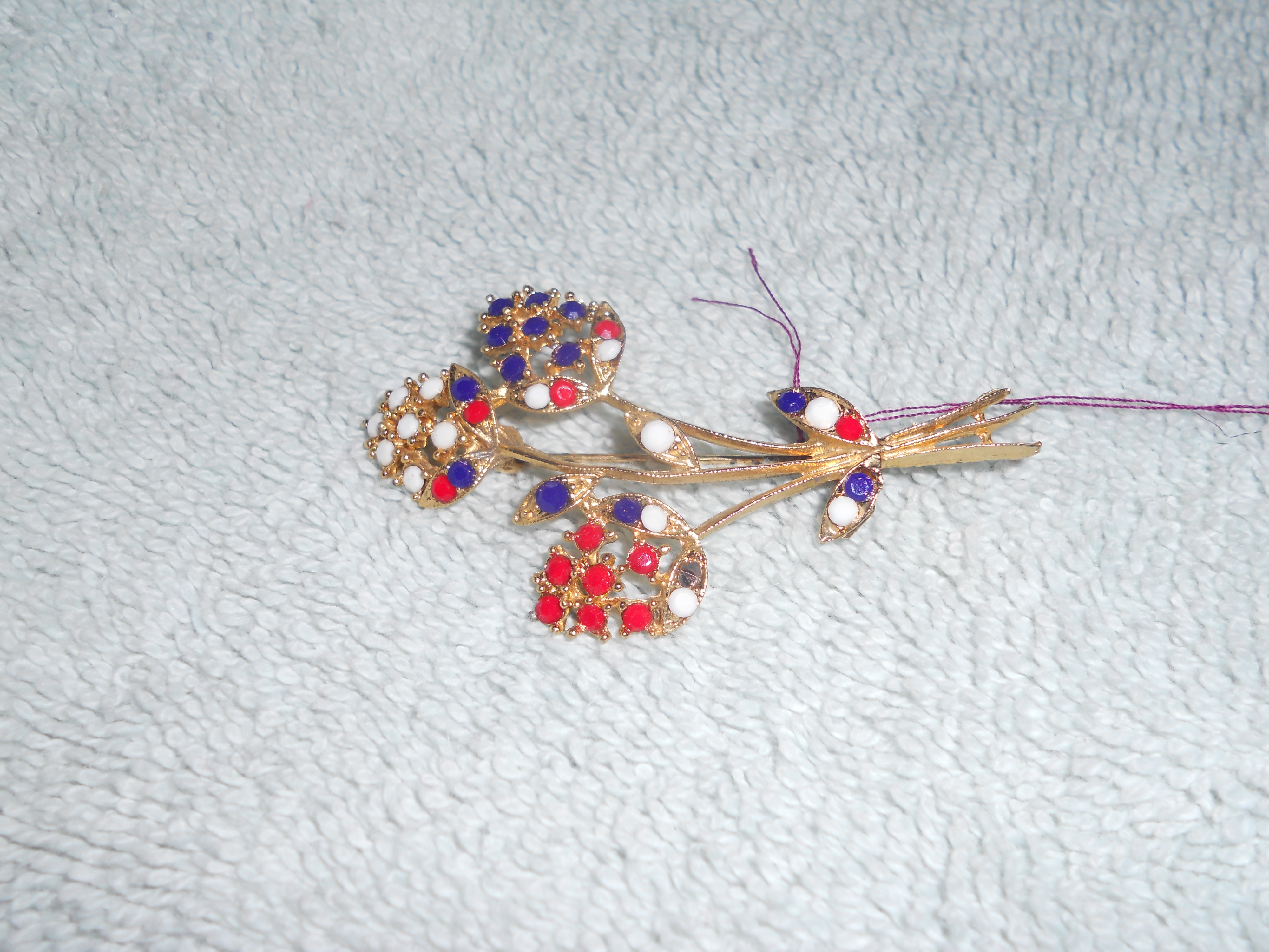 Flower Rhinestone Pin Red White and Blue