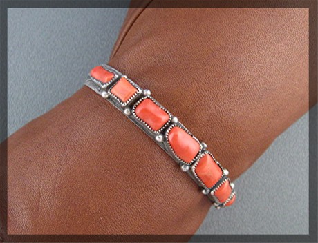 Navajo  Coral Sterling Silver Cuff Leonard Martza