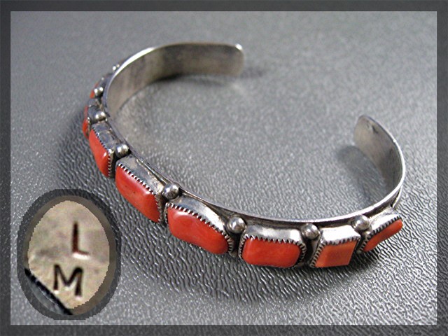 Navajo  Coral Sterling Silver Cuff Leonard Martza