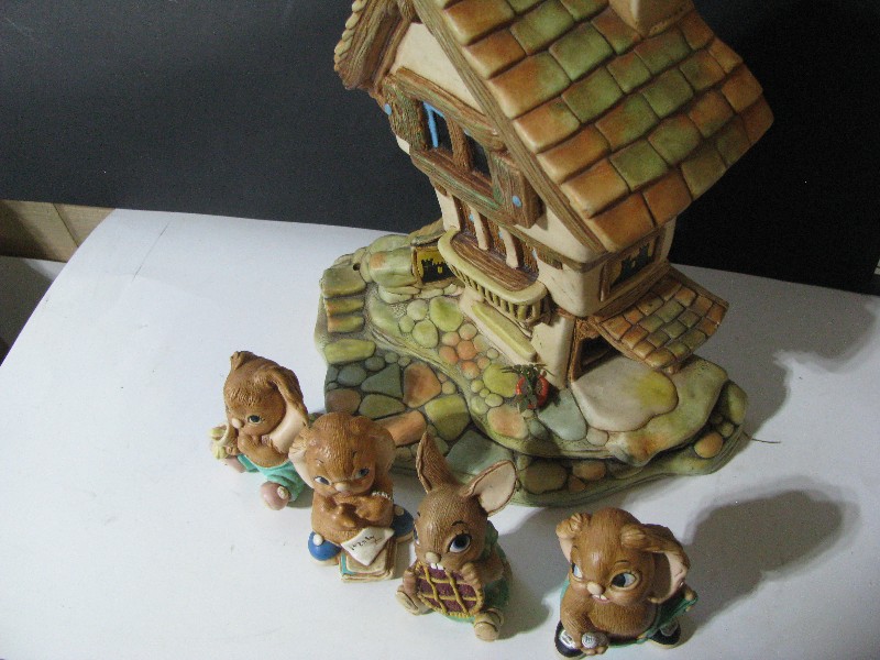 Vintage Ceramic Bunny Rabbit Cottage Figurine Set - 5 Pieces