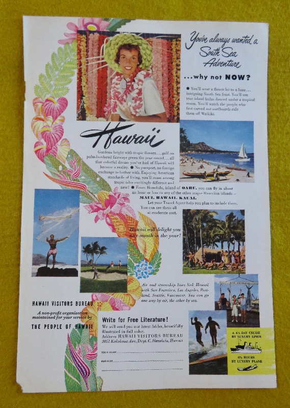 1951 Hawaii Visitors Bureau with Lovely Woman Wearing A Lei with A Straw Hat