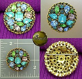 Barda brooch pin with blue green violet crystals