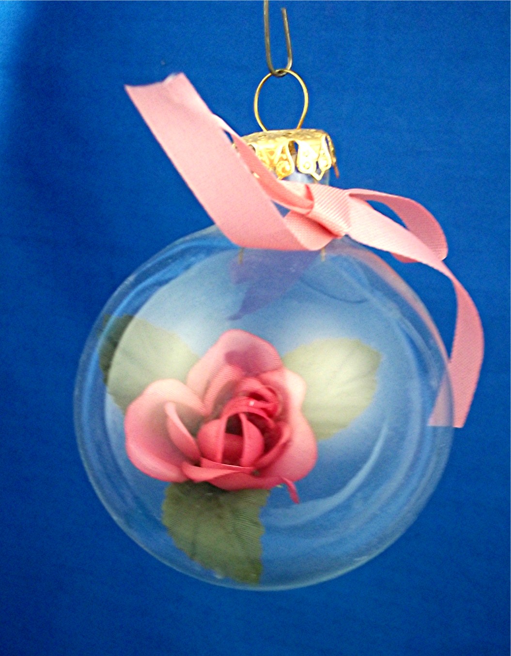 Christmas Tree Ornament, clear glass with flower inside