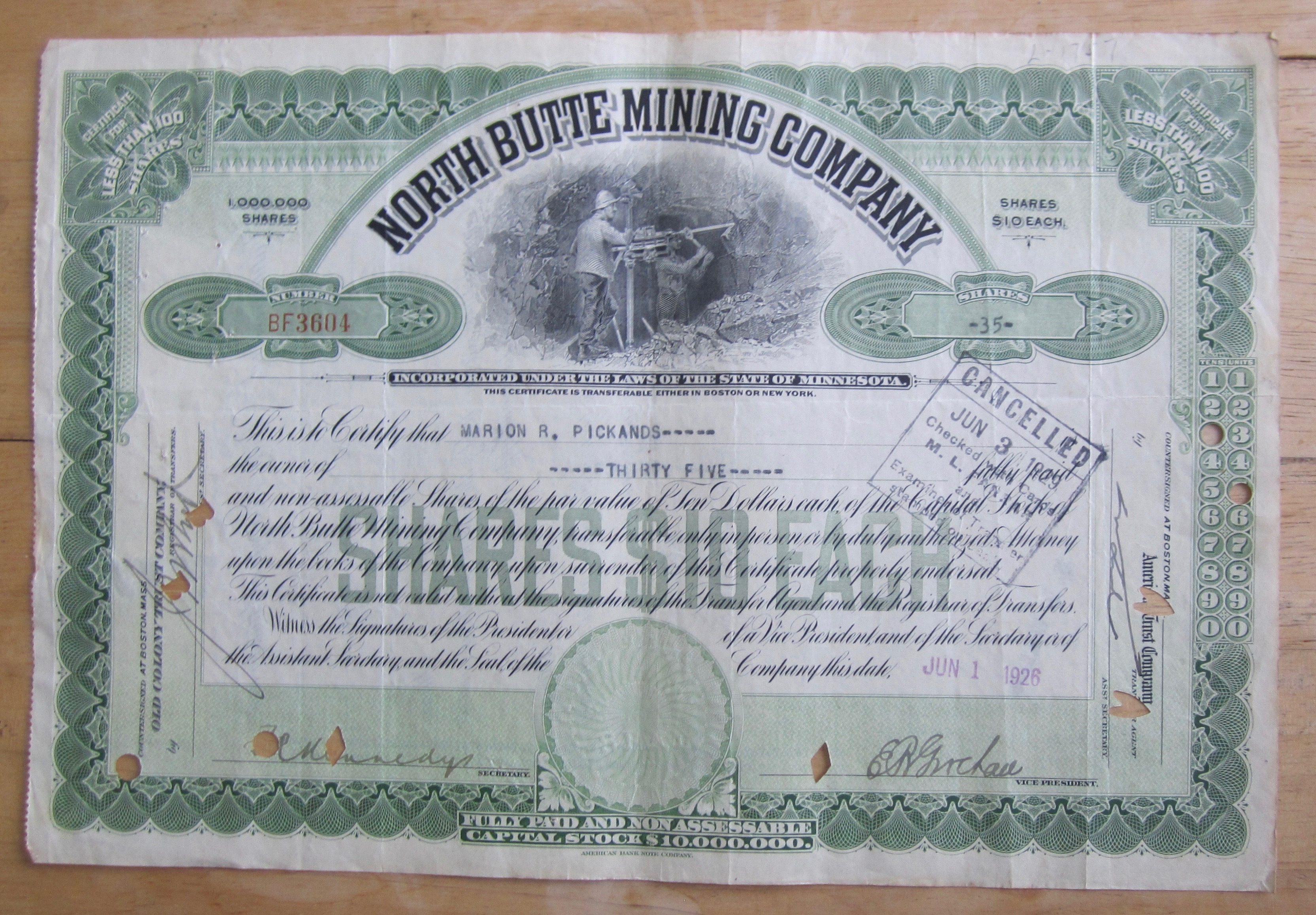 1926 North Butte Mining Company Stock Certificate
