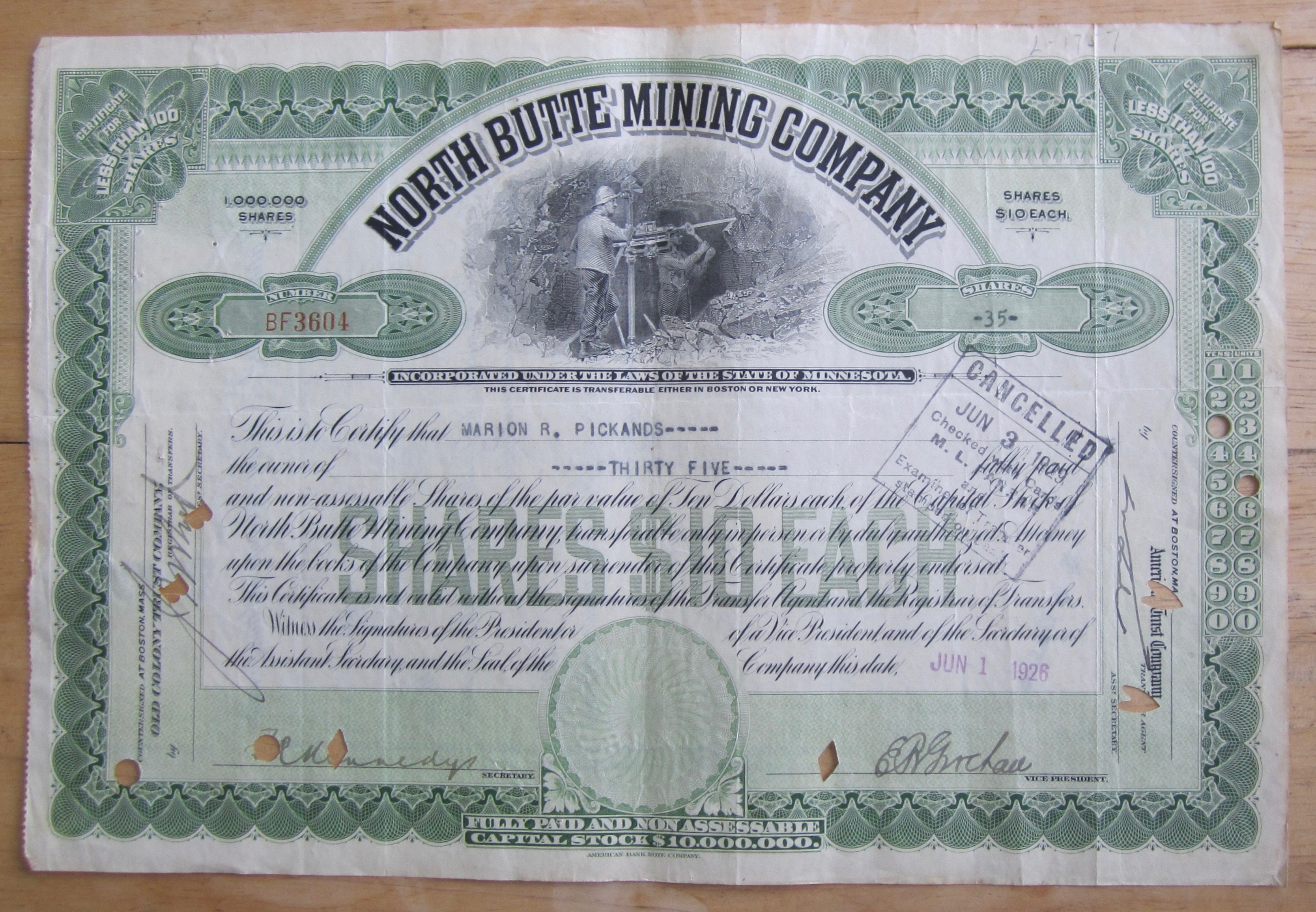 1926 North Butte Mining Company Stock Certificate