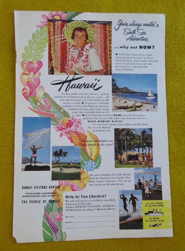 1951 Hawaii Visitors Bureau with Lovely Woman Wearing A Lei with A Straw Hat