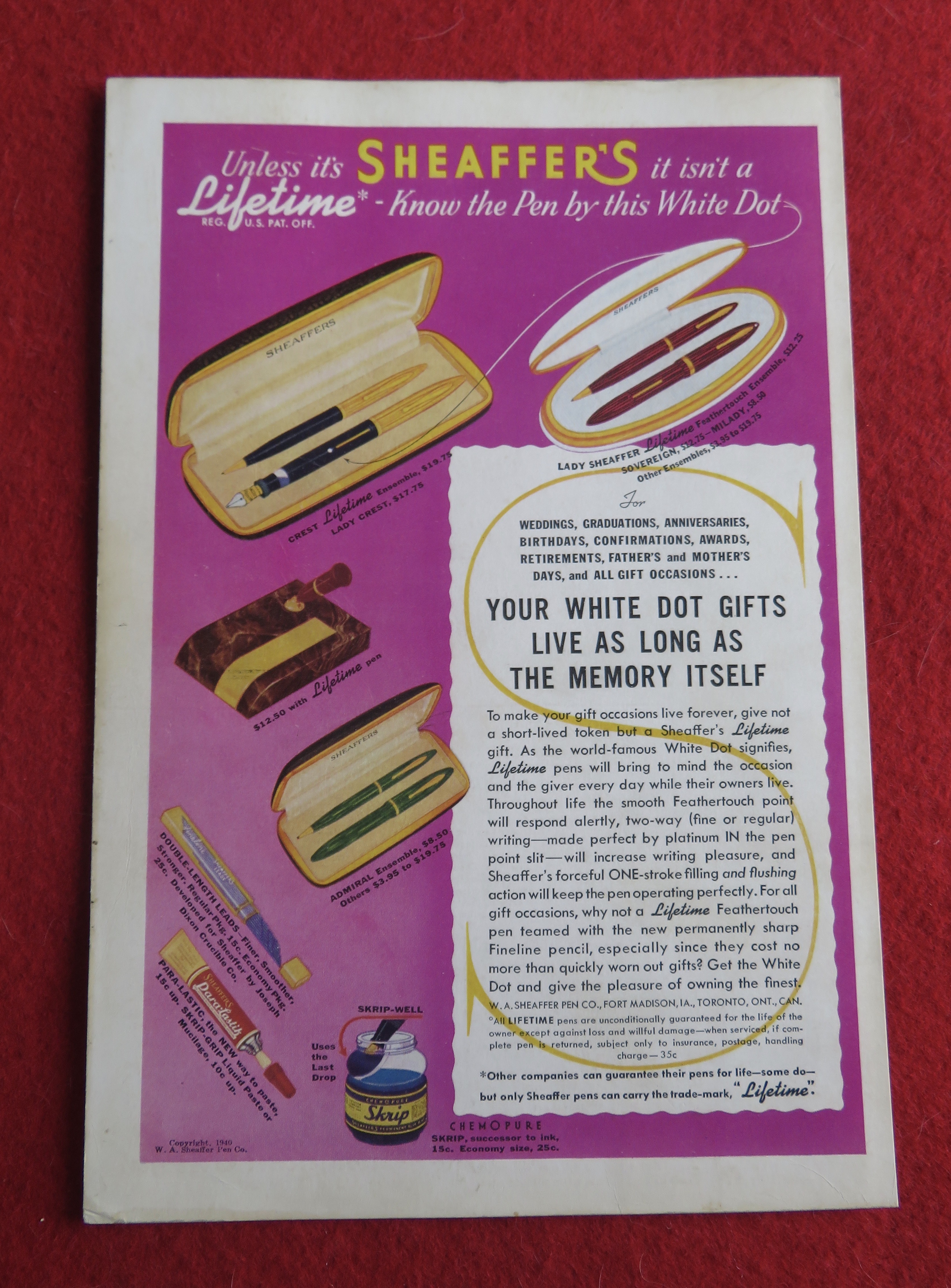 1940 Sheaffer's Pen with the Lifetime Pens