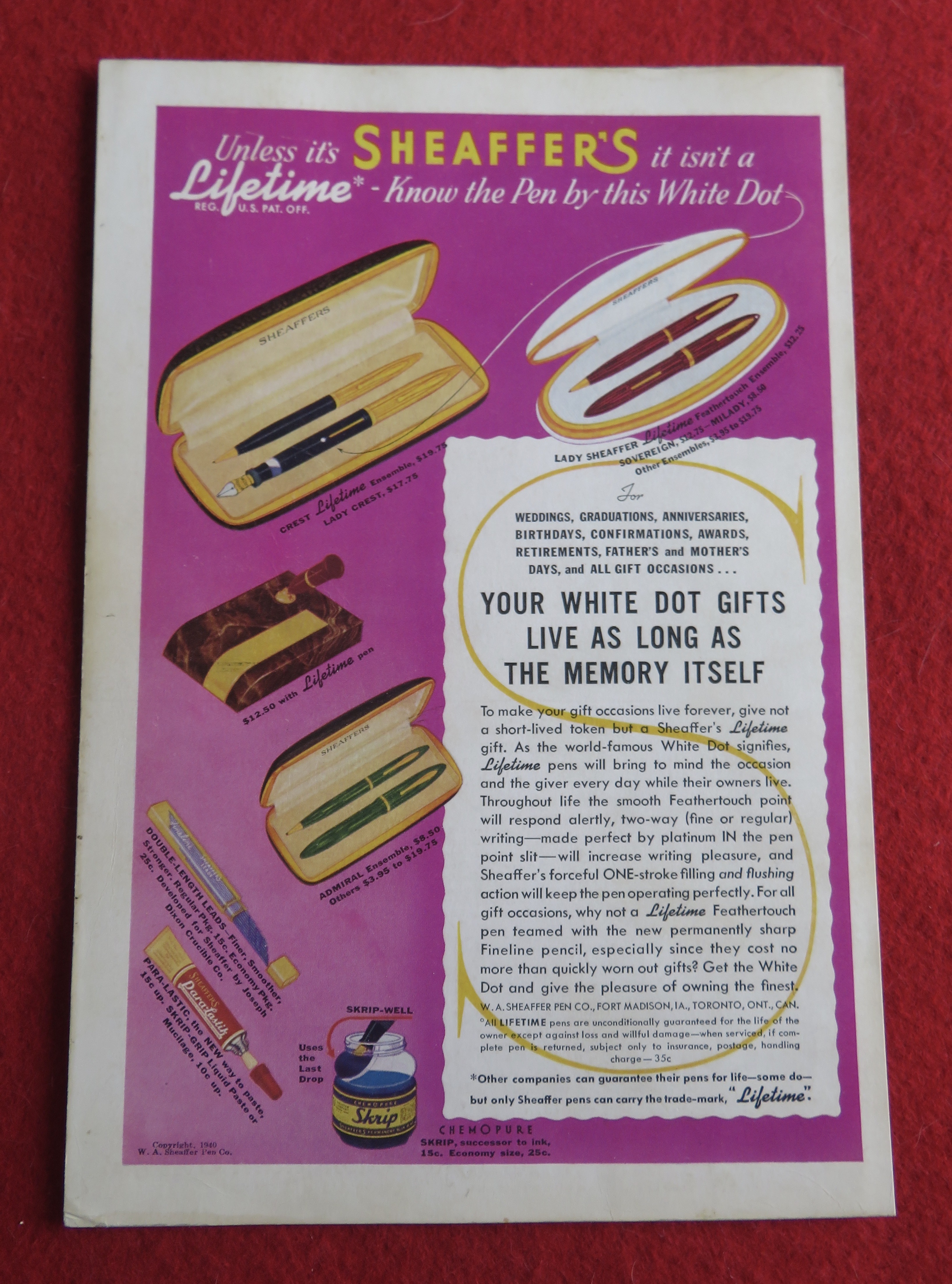 1940 Sheaffer's Pen with the Lifetime Pens