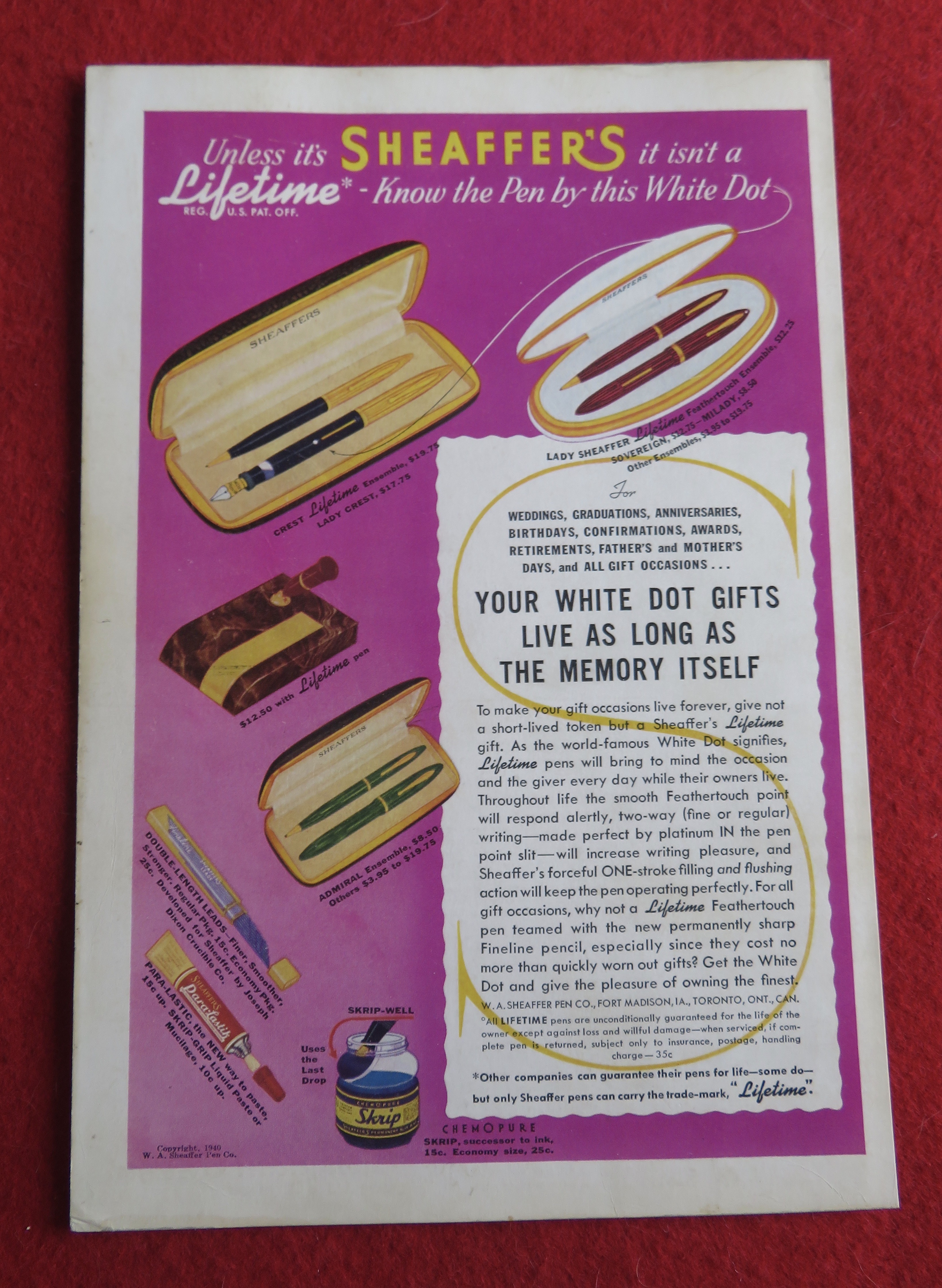 1940 Sheaffer's Pen with the Lifetime Pens