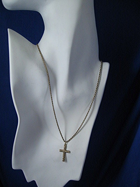 14K Gold Cross & 18 Inch Sterling Silver Rope Chain Nec