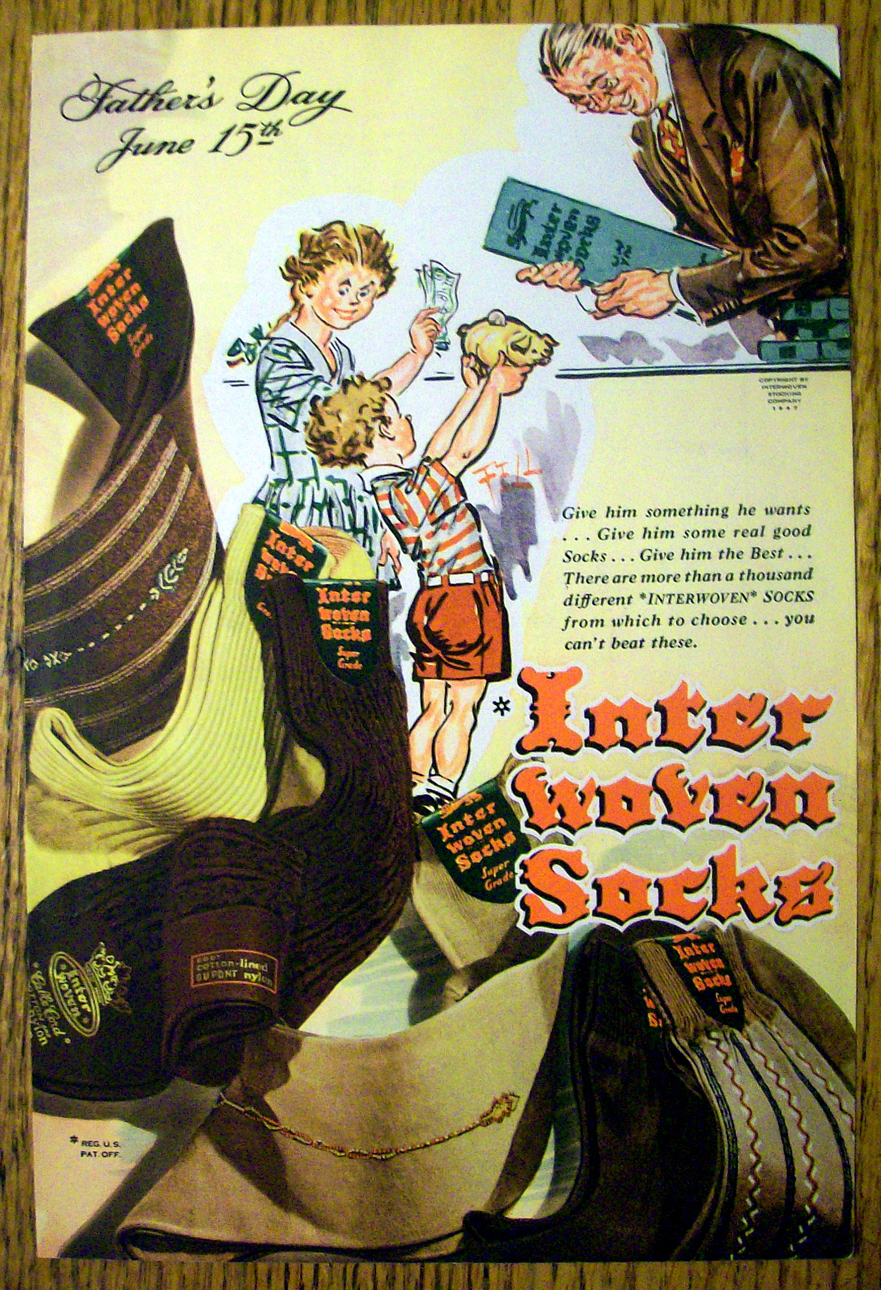 1947 Interwoven Socks with Boy Holding Up His Bank