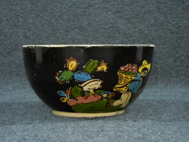 Pottery Mexican Tlaquepaque Hand Decorated Black Bowl