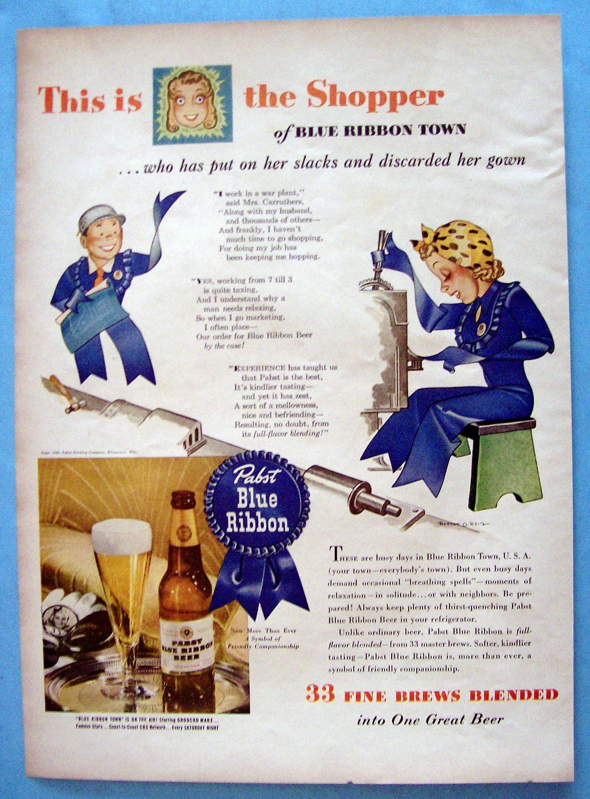 1943 Pabst Blue Ribbon Beer with Shopper of Blue Ribbon