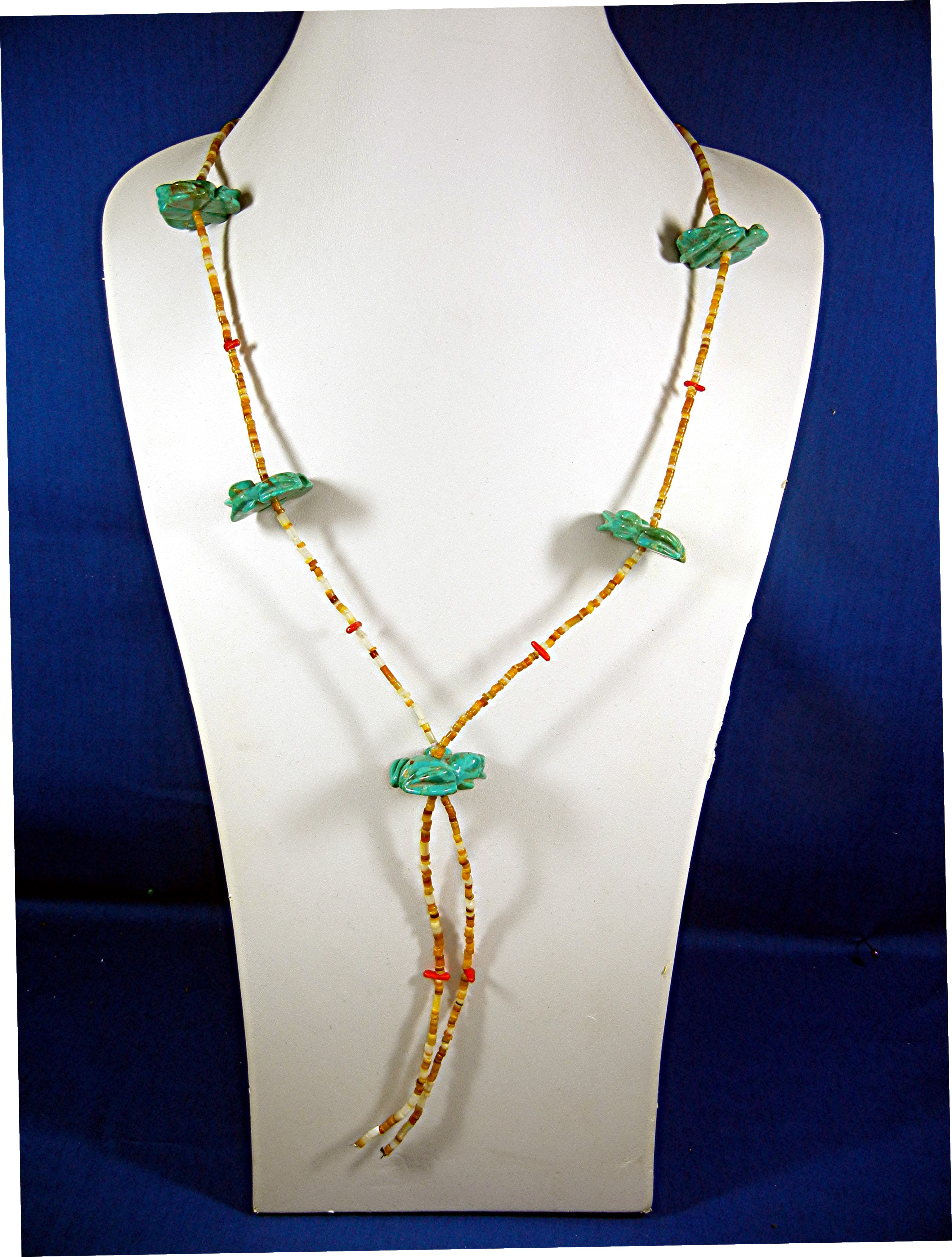 Navajo Hand Carved Turquoise Frogs Coral Heishi Necklac