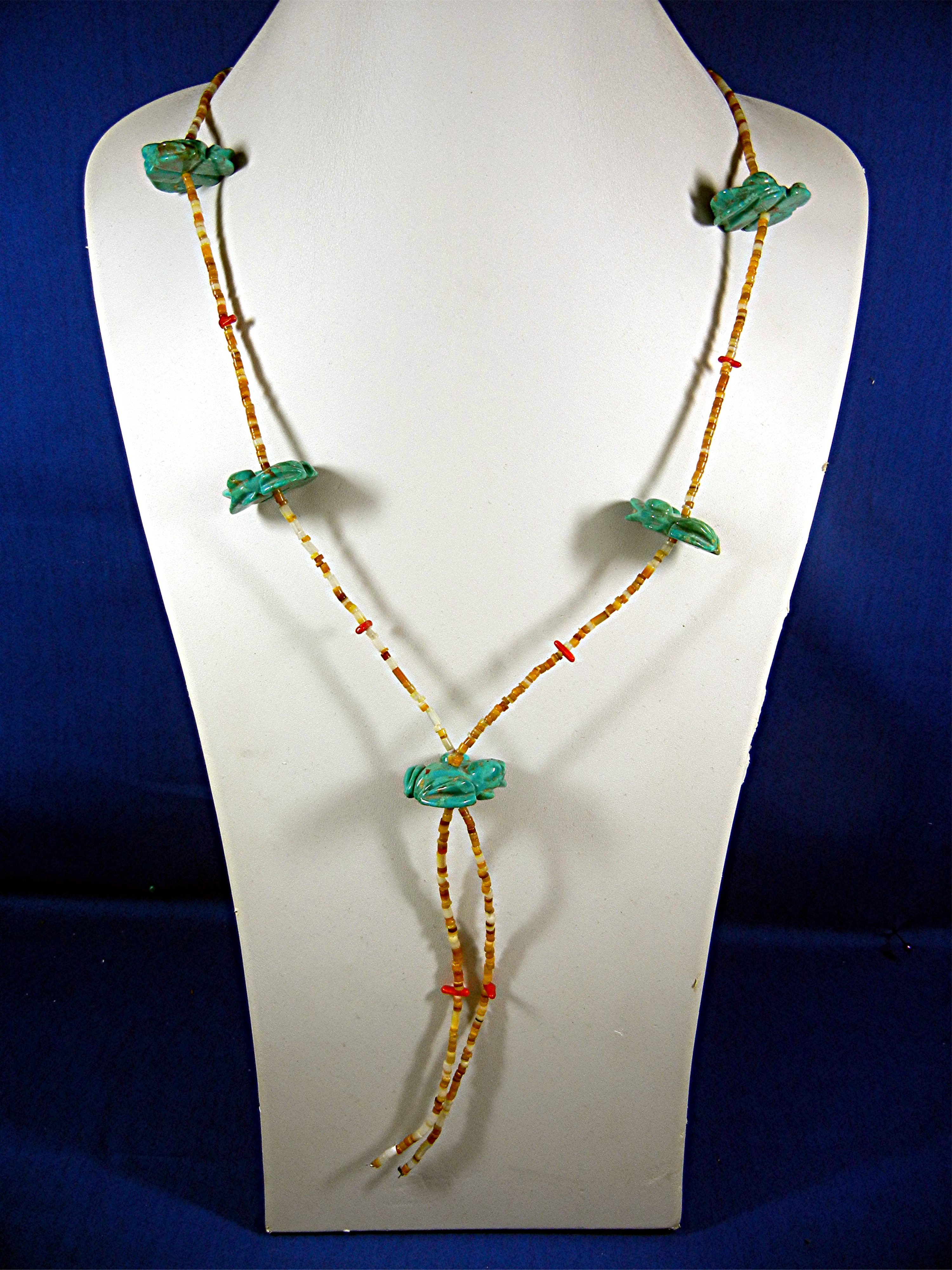 Navajo Hand Carved Turquoise Frogs Coral Heishi Necklac