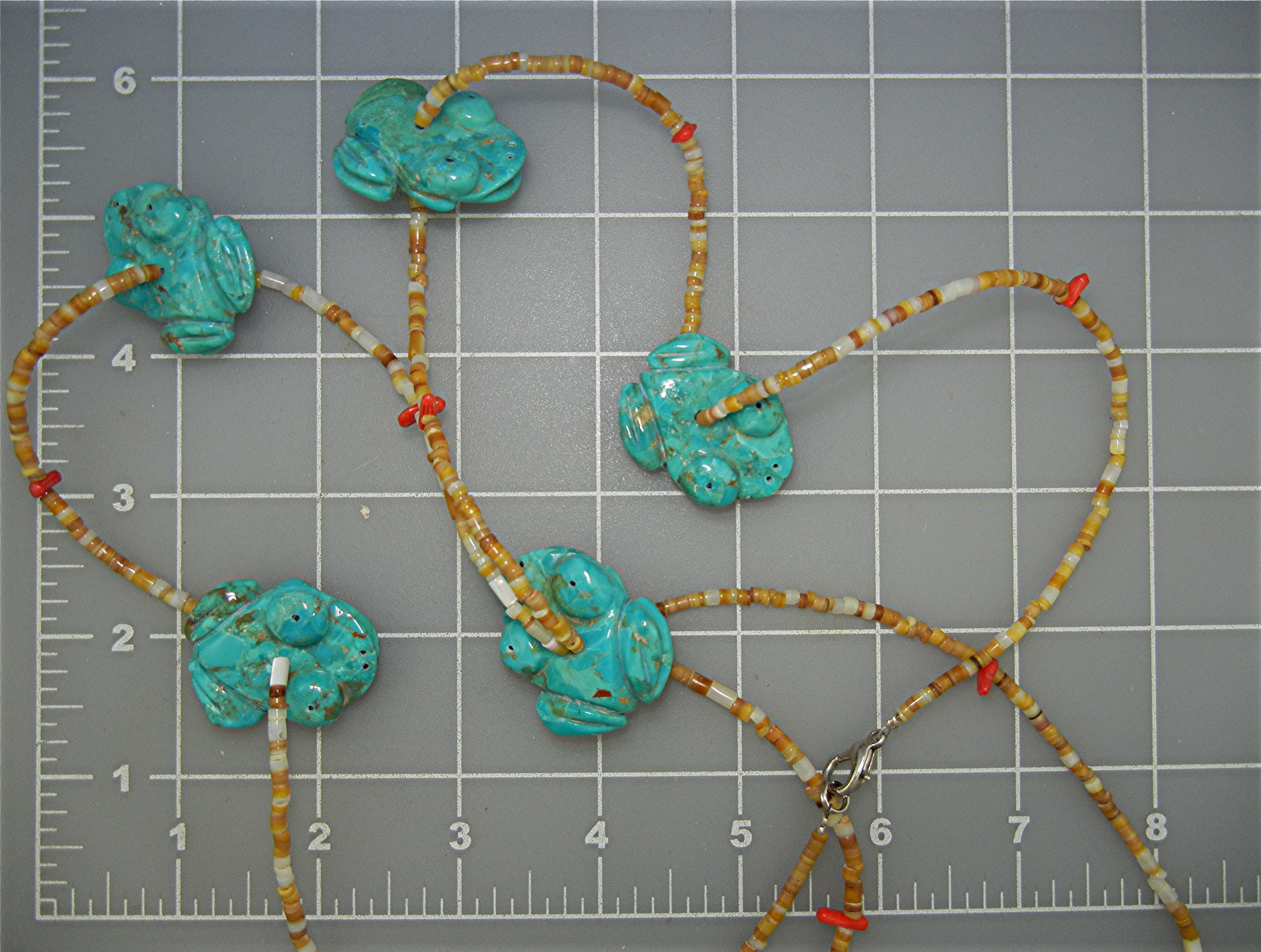 Navajo Hand Carved Turquoise Frogs Coral Heishi Necklac