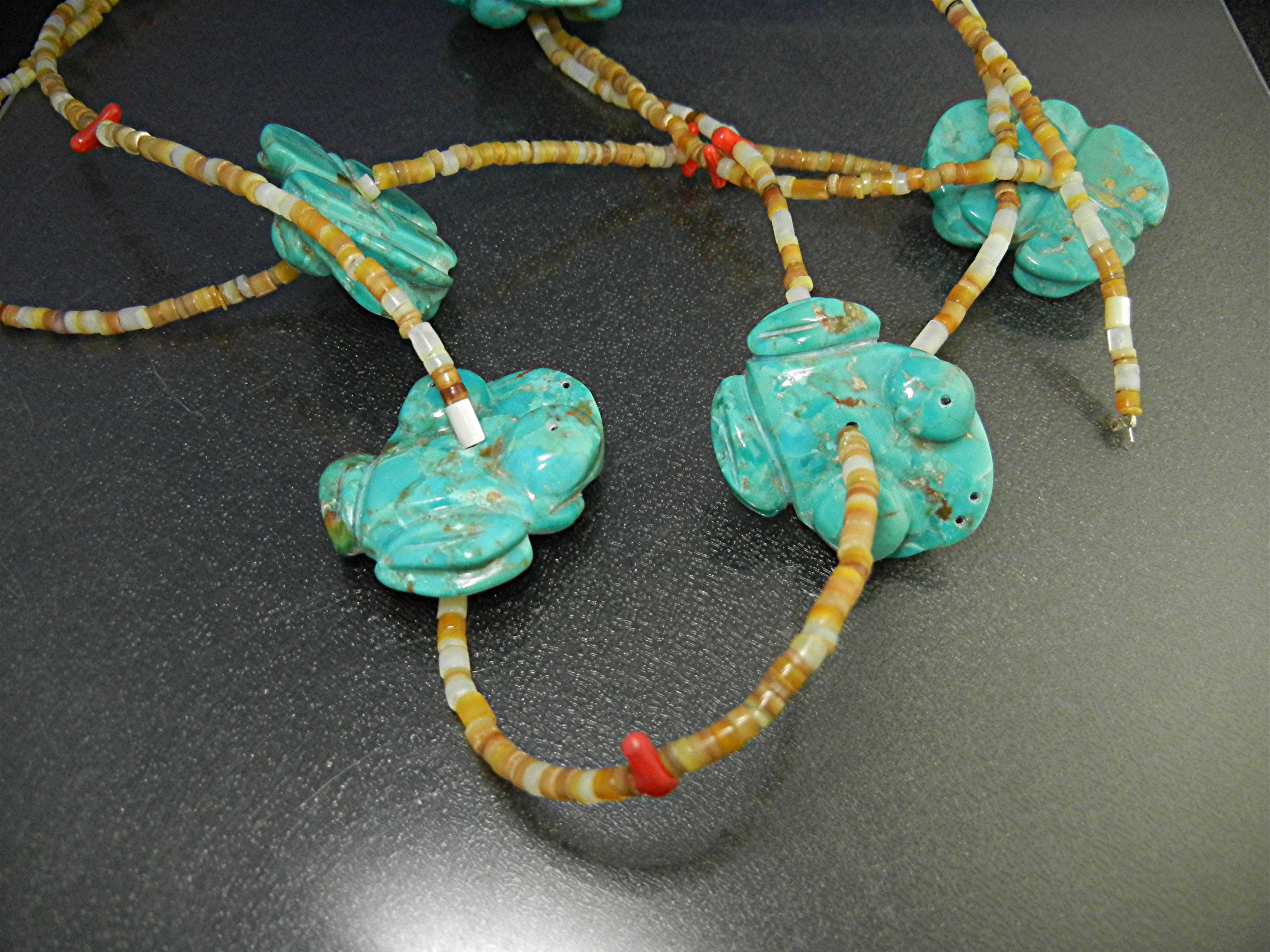 Navajo Hand Carved Turquoise Frogs Coral Heishi Necklac