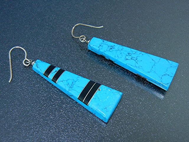 Navajo Kingman Turquoise Onyx Sterling Silver Earrings