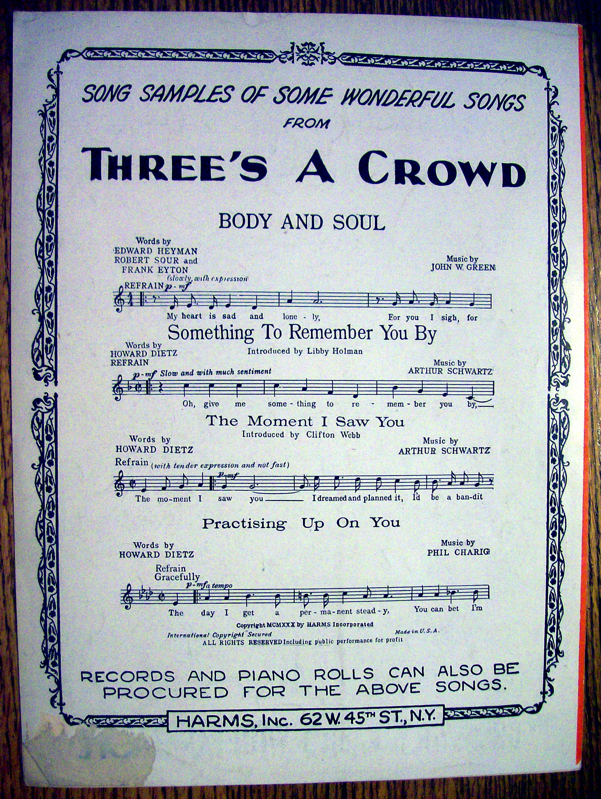 Sheet Music For 1930 Something To Remember You By