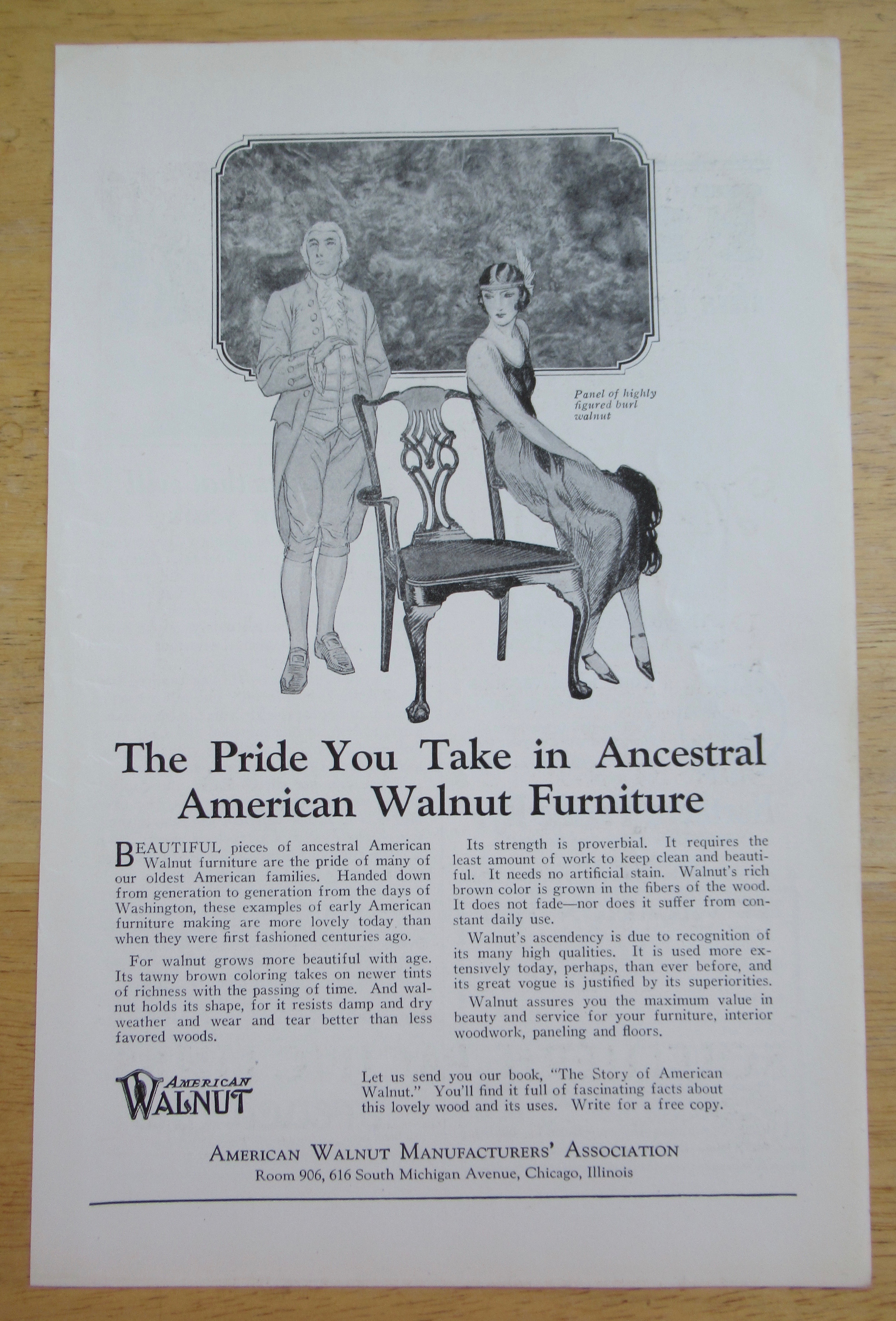 1925 American Walnut with Woman Sitting on Arm of Chair