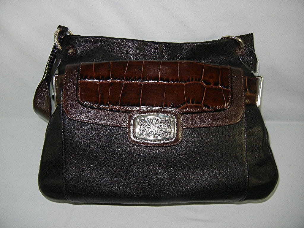 Brighton black pebble leather with moc croc accents.