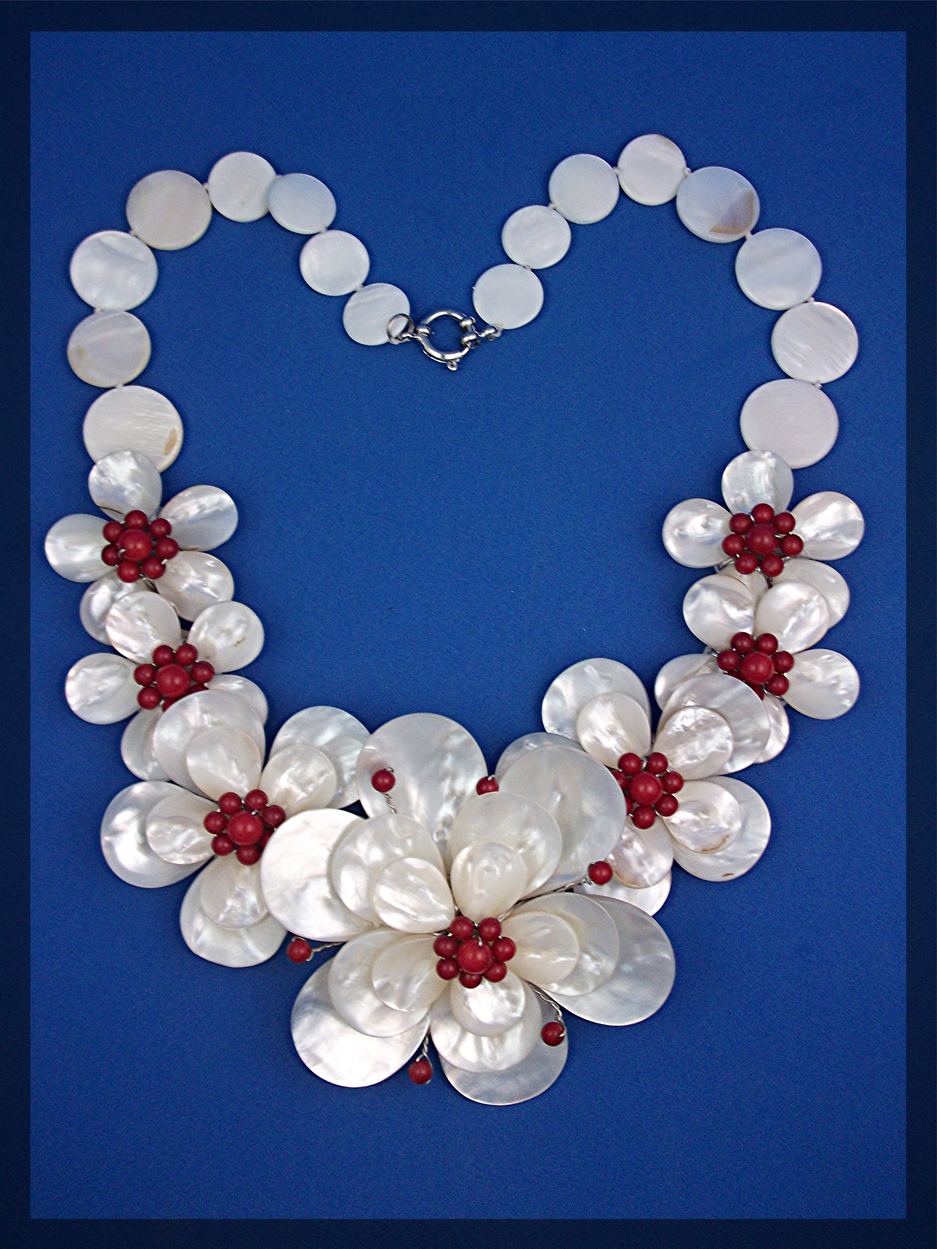 Necklace Mother Of Pearl and Coral Flowers Artist Made