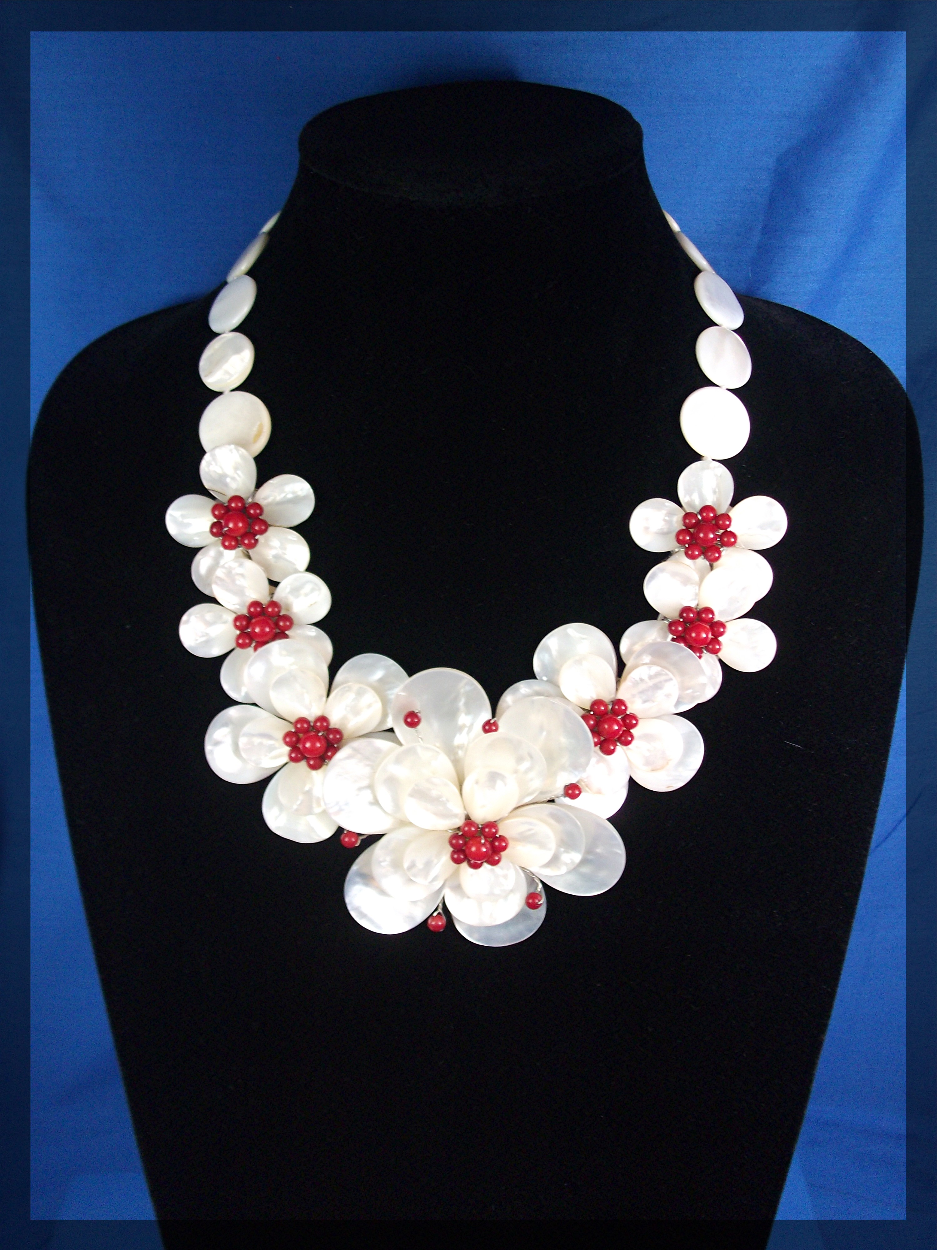 Necklace Mother Of Pearl and Coral Flowers Artist Made