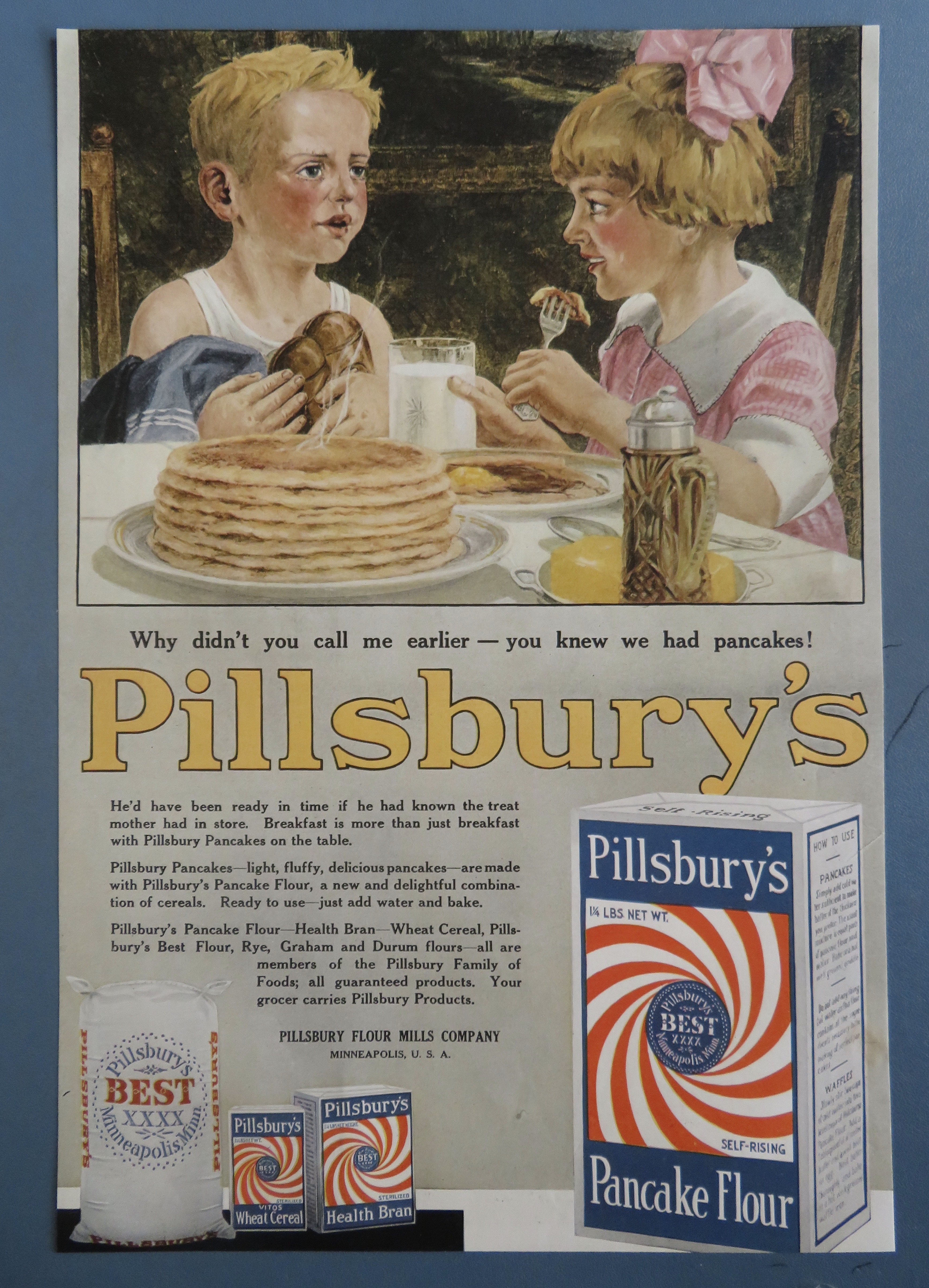 1919  Pillsbury's Pancake Flour w/Kids Eating Pancakes
