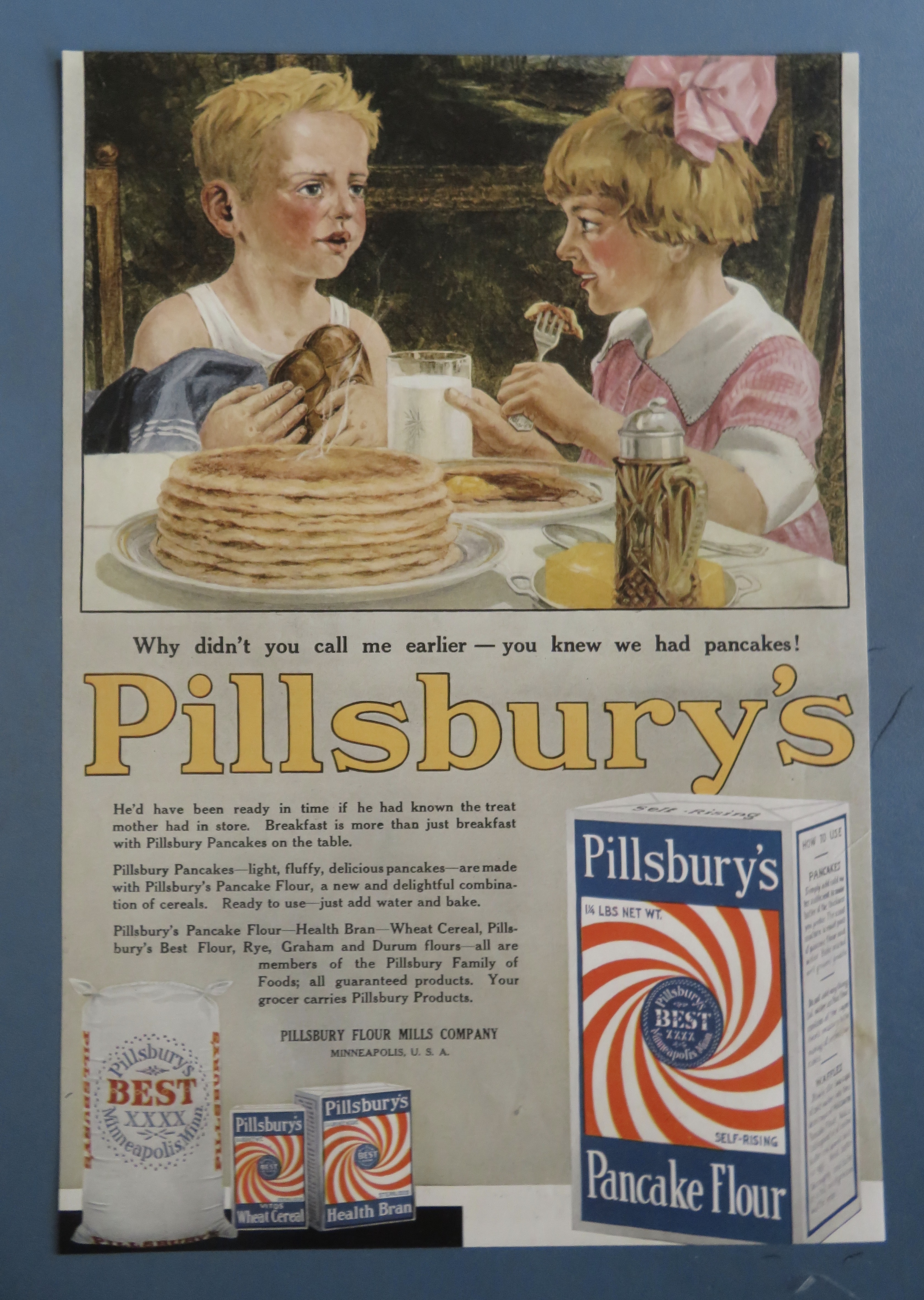 1919 Pillsbury's Pancake Flour w/Kids Eating Pancakes