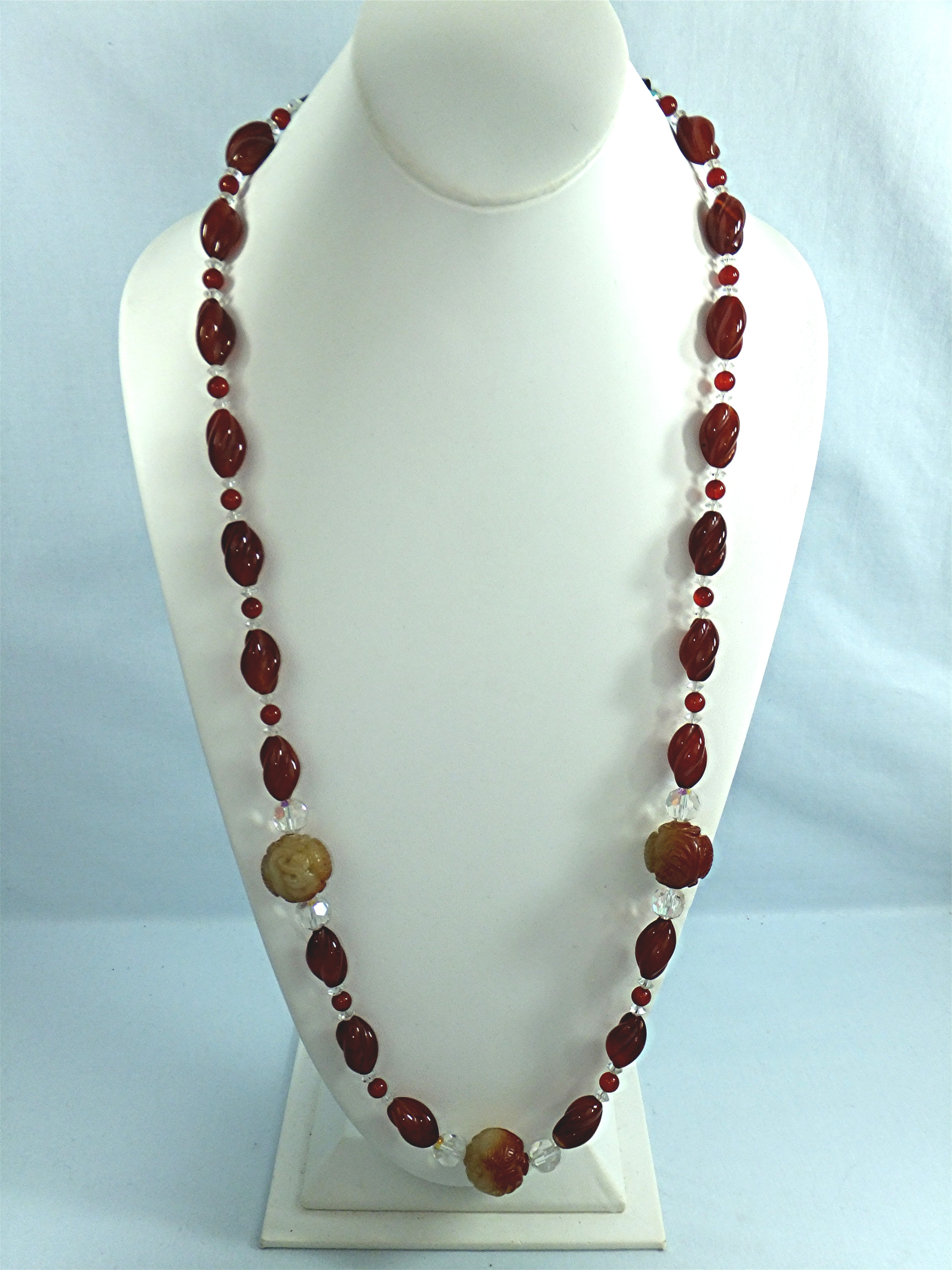 Necklace Carved Carnelian Jade Crystal Sterling Silver