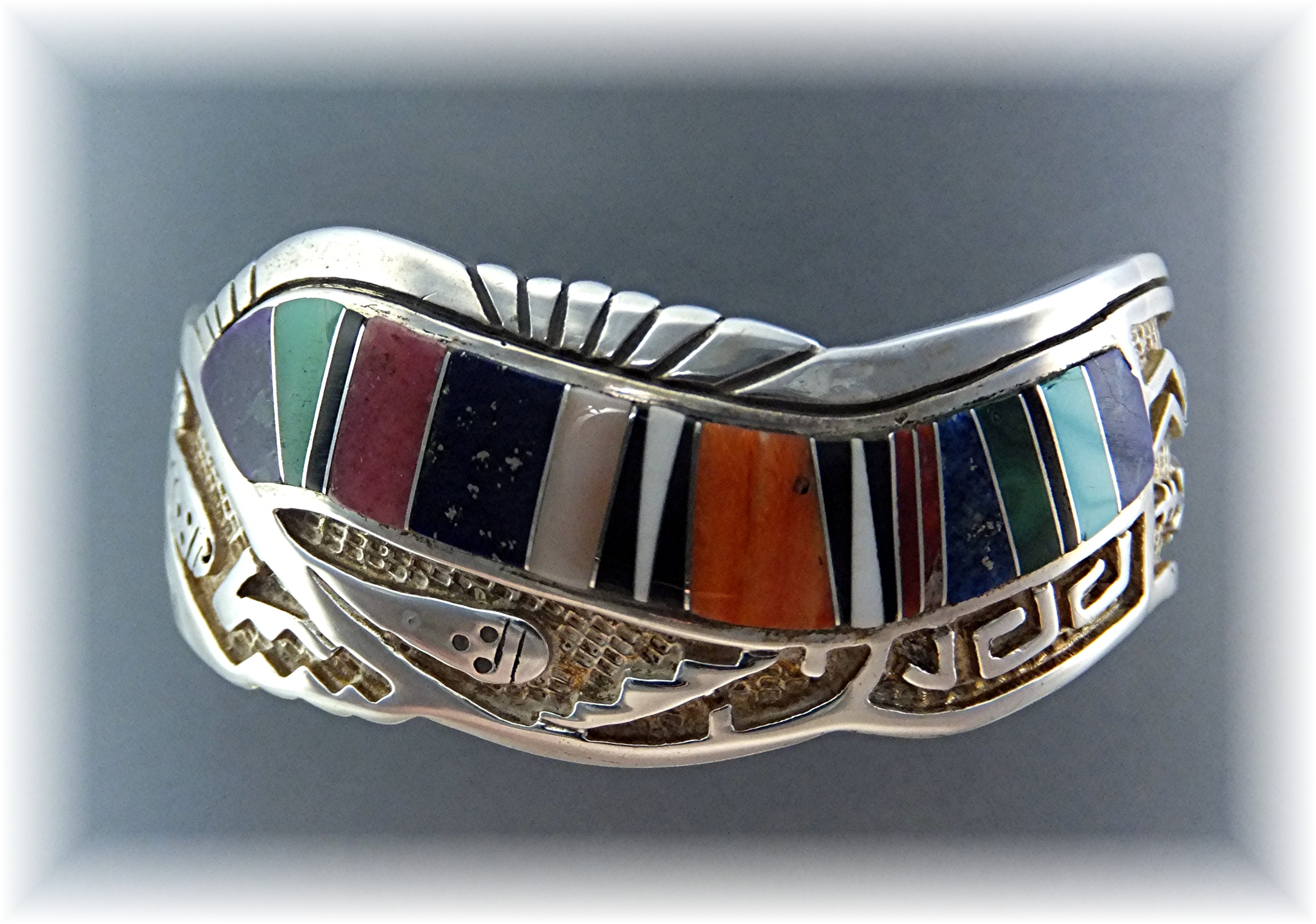 CALVIN BEGAY Sterling Silver Turquoise Coral Inlay Cuff