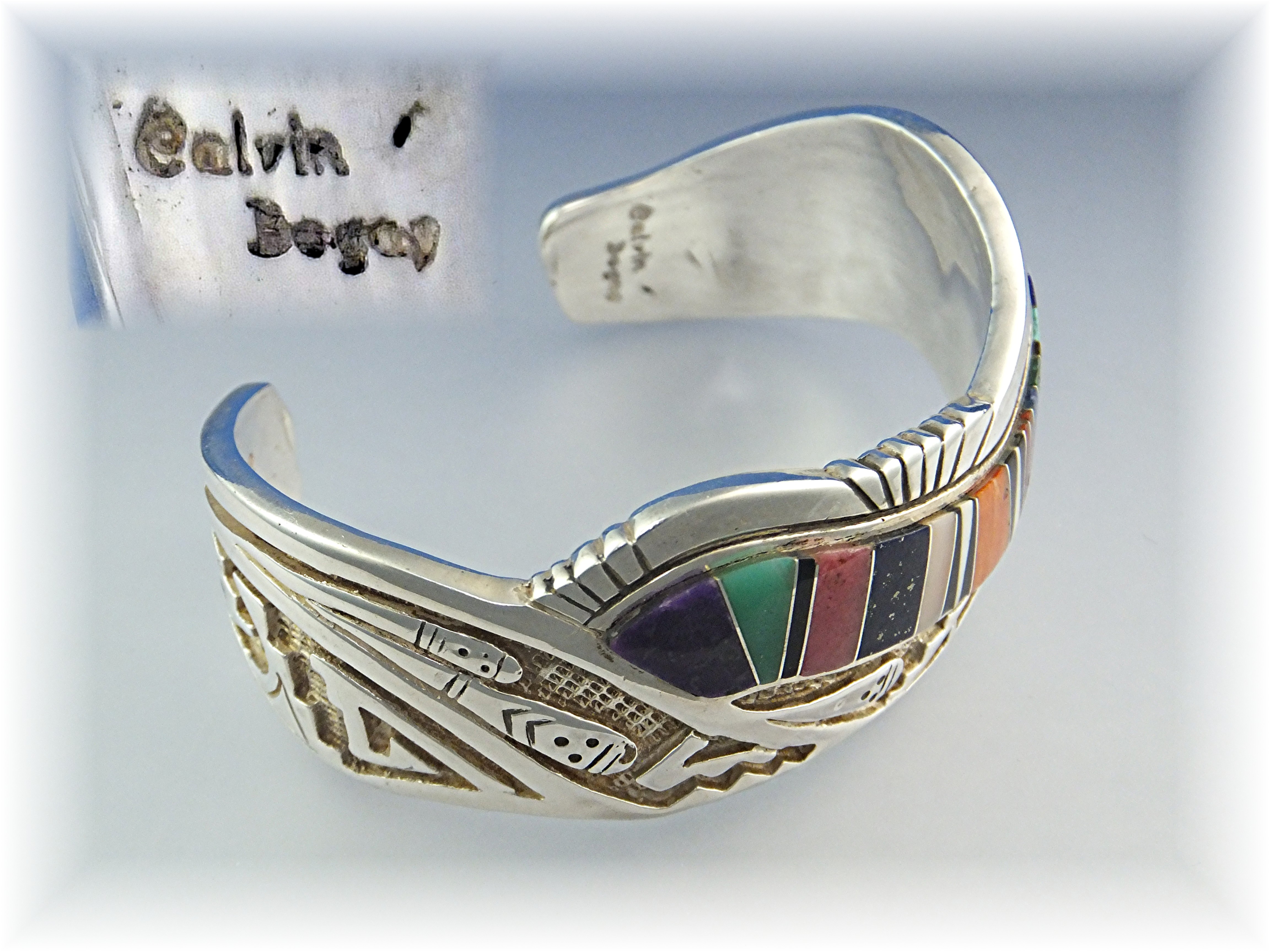 CALVIN BEGAY Sterling Silver Turquoise Coral Inlay Cuff