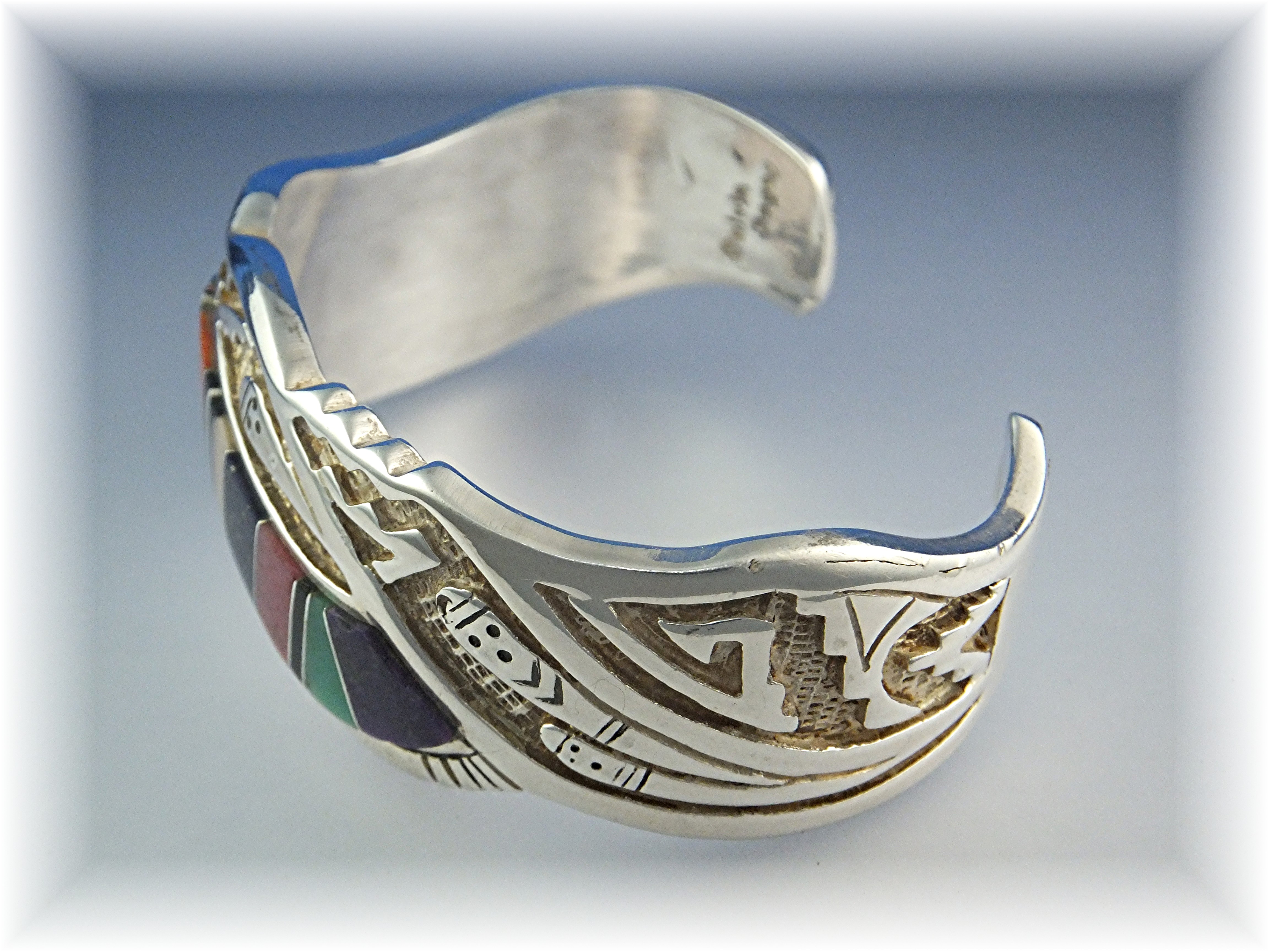 CALVIN BEGAY Sterling Silver Turquoise Coral Inlay Cuff